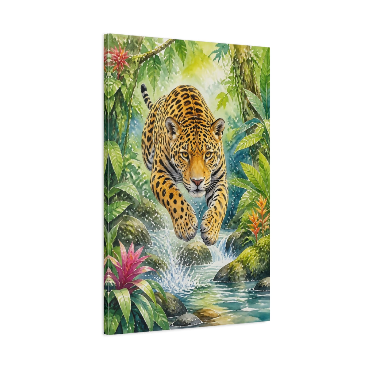 Main Mockup. Animals Leaping Jaguar Over Creek shown as canvas print