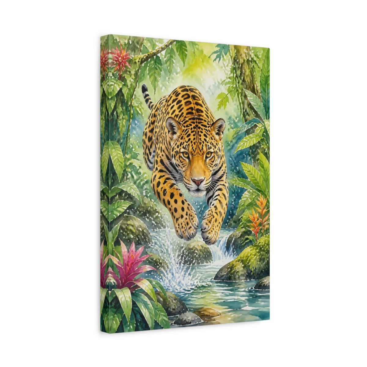 Side Mockup 4. Animals Leaping Jaguar Over Creek shown as canvas print