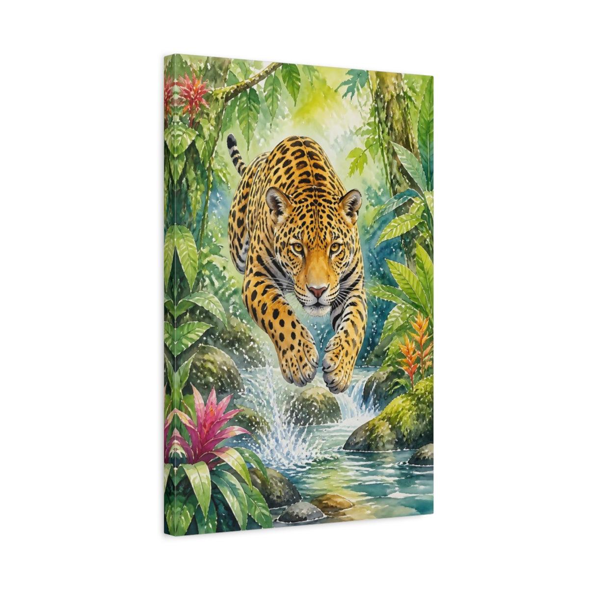 Side Mockup 3. Animals Leaping Jaguar Over Creek shown as canvas print