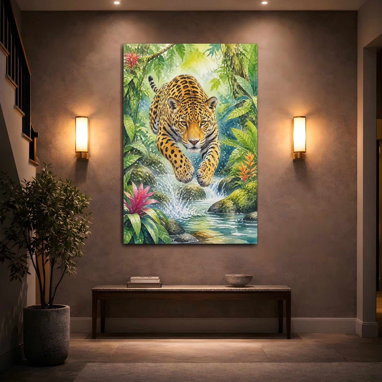 Mockup 2. Animals Leaping Jaguar Over Creek shown as canvas print