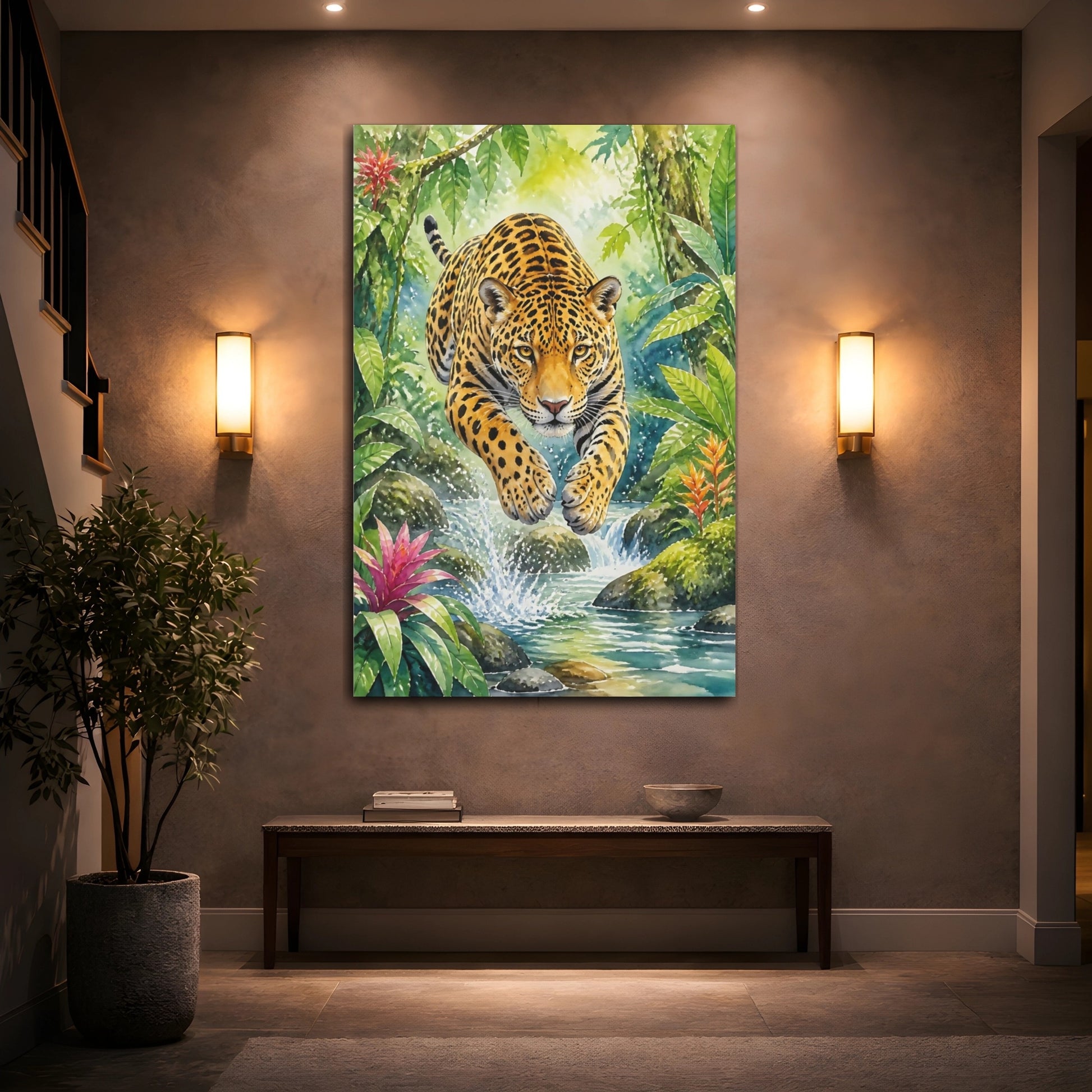 Mockup 2. Animals Leaping Jaguar Over Creek shown as canvas print