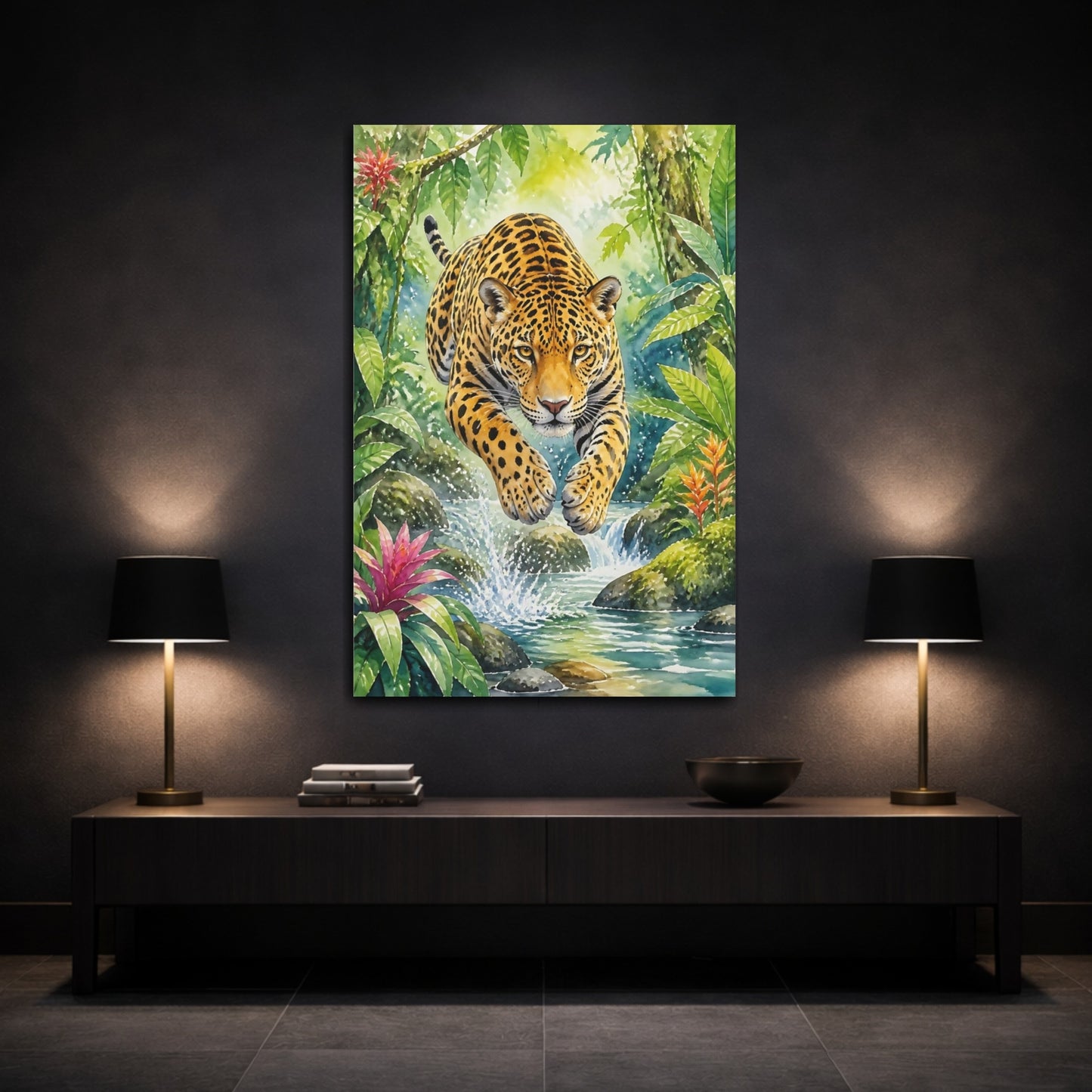 Mockup 3. Animals Leaping Jaguar Over Creek shown as canvas print