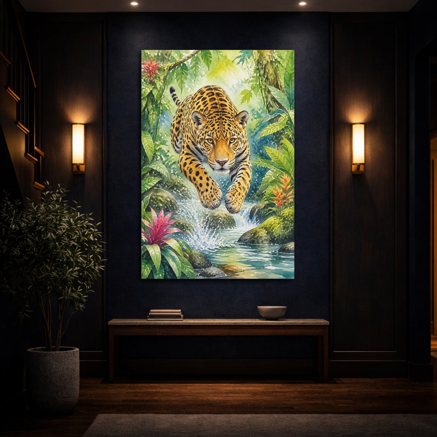 Mockup 4. Animals Leaping Jaguar Over Creek shown as canvas print
