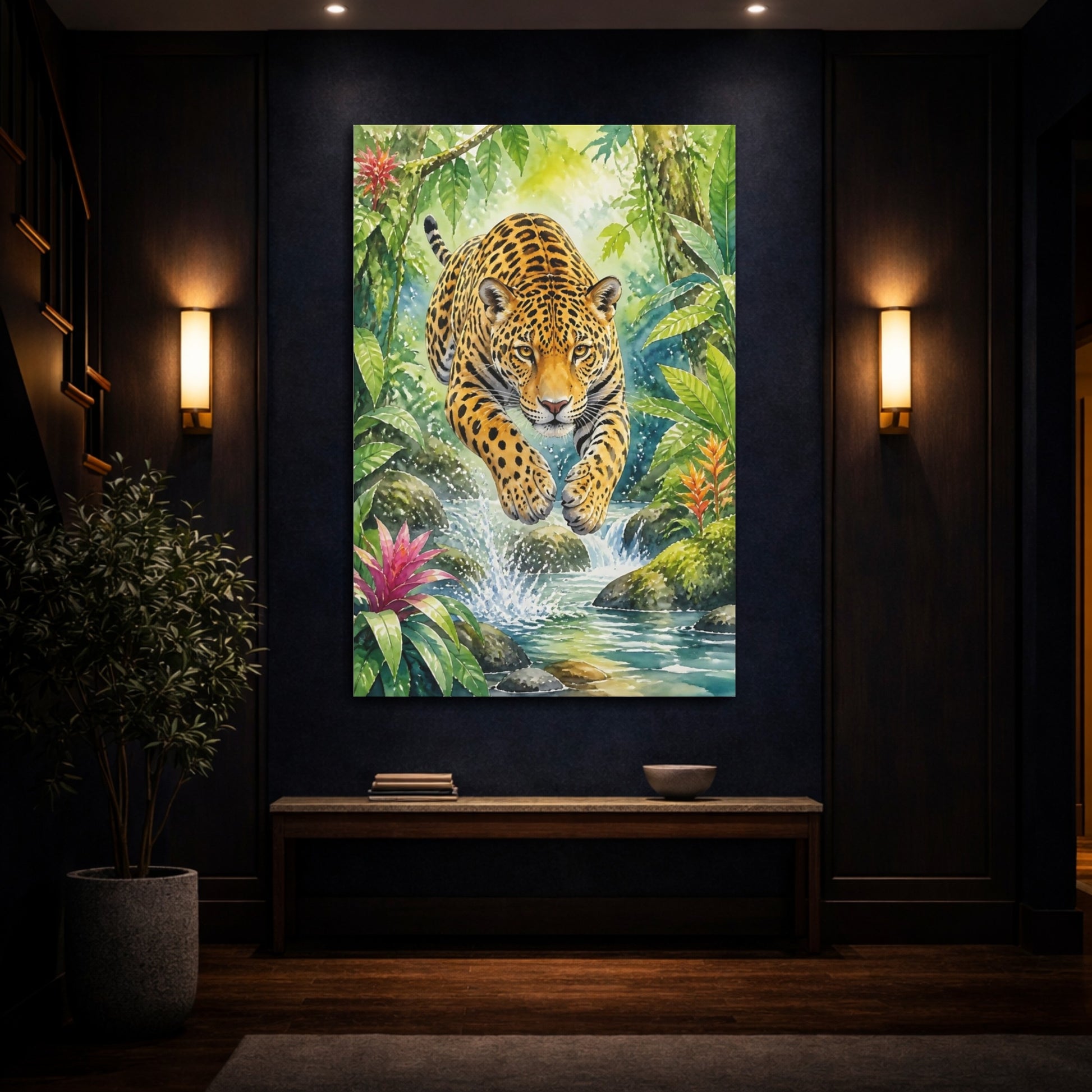 Mockup 4. Animals Leaping Jaguar Over Creek shown as canvas print