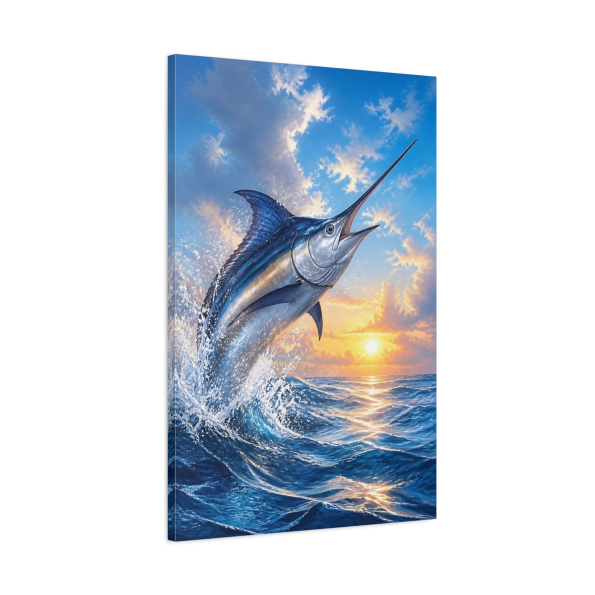 Main Mockup. Animals Leaping Swordfish At Sunrise shown as canvas print