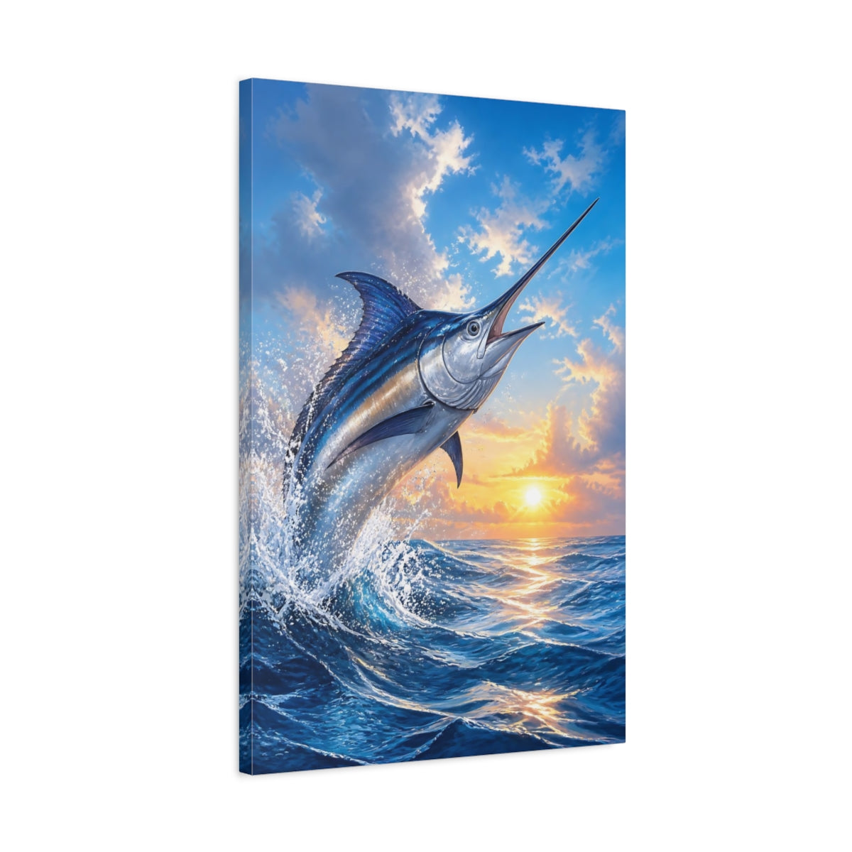 Side Mockup 2. Animals Leaping Swordfish At Sunrise shown as canvas print