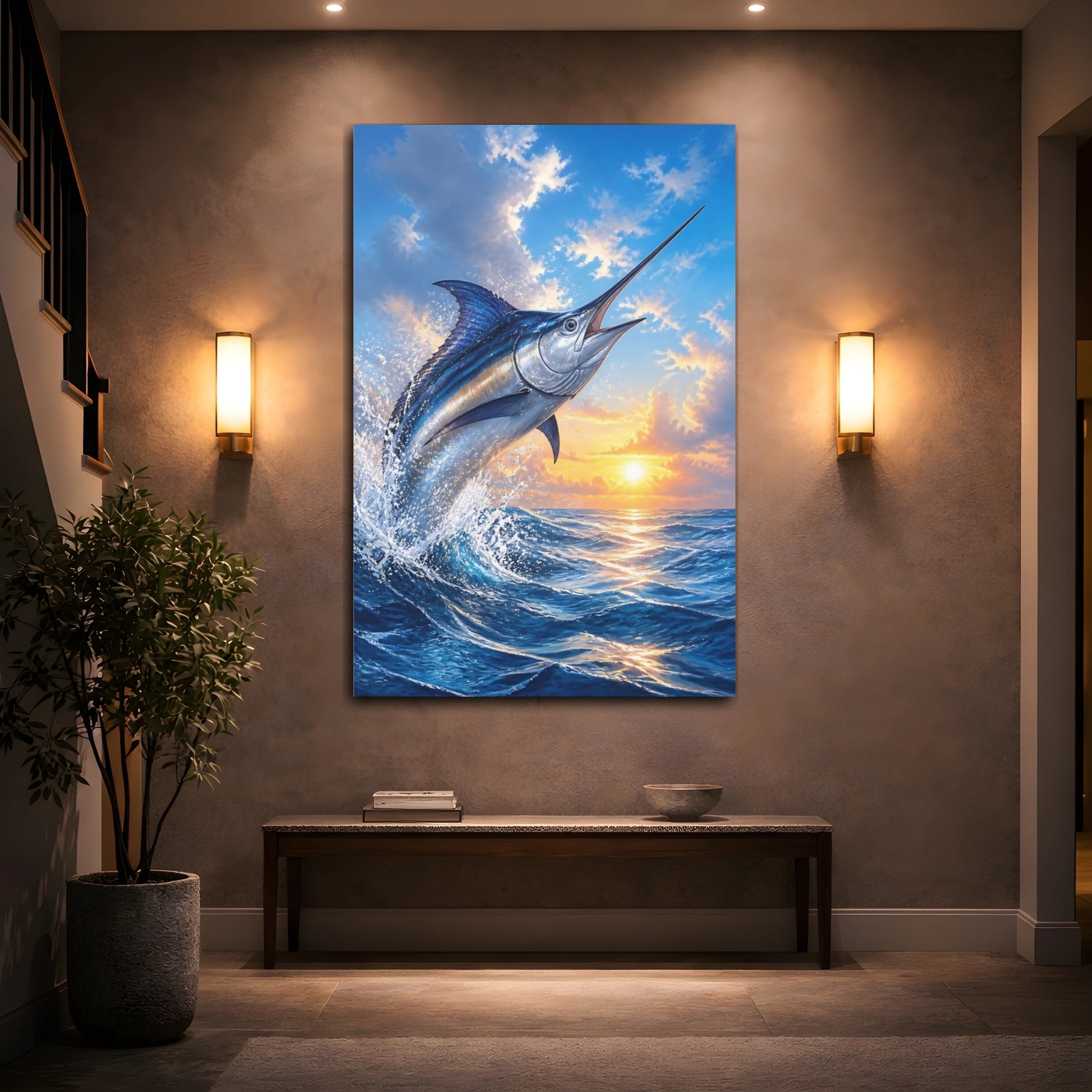 Mockup 2. Animals Leaping Swordfish At Sunrise shown as canvas print