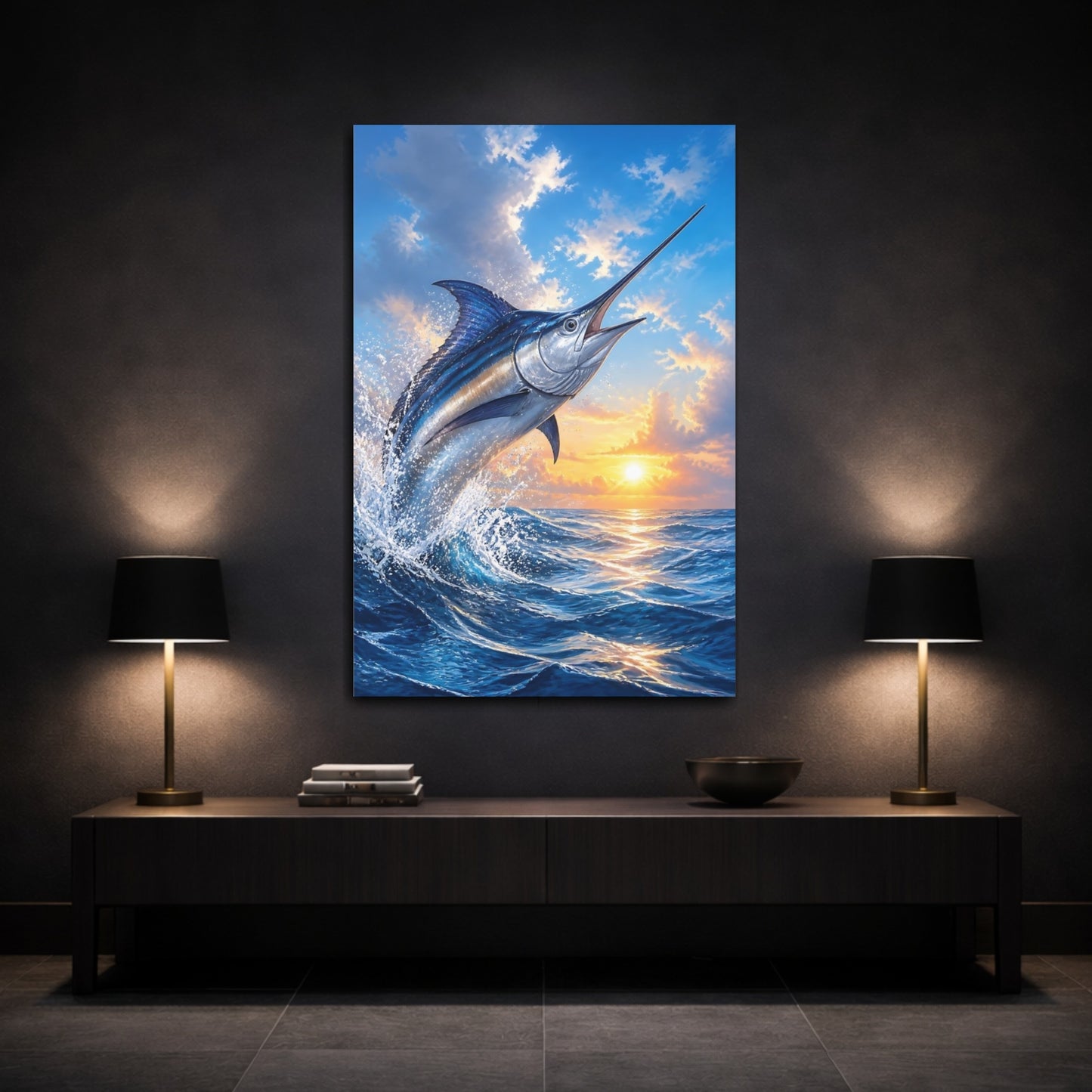 Mockup 3. Animals Leaping Swordfish At Sunrise shown as canvas print