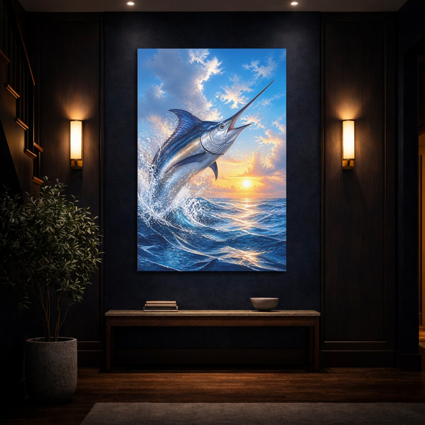 Mockup 4. Animals Leaping Swordfish At Sunrise shown as canvas print