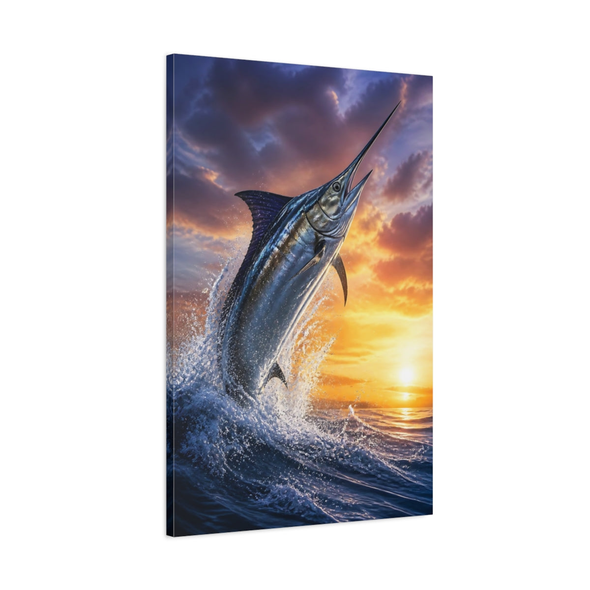Main Mockup. Animals Leaping Swordfish Sunset shown as canvas print