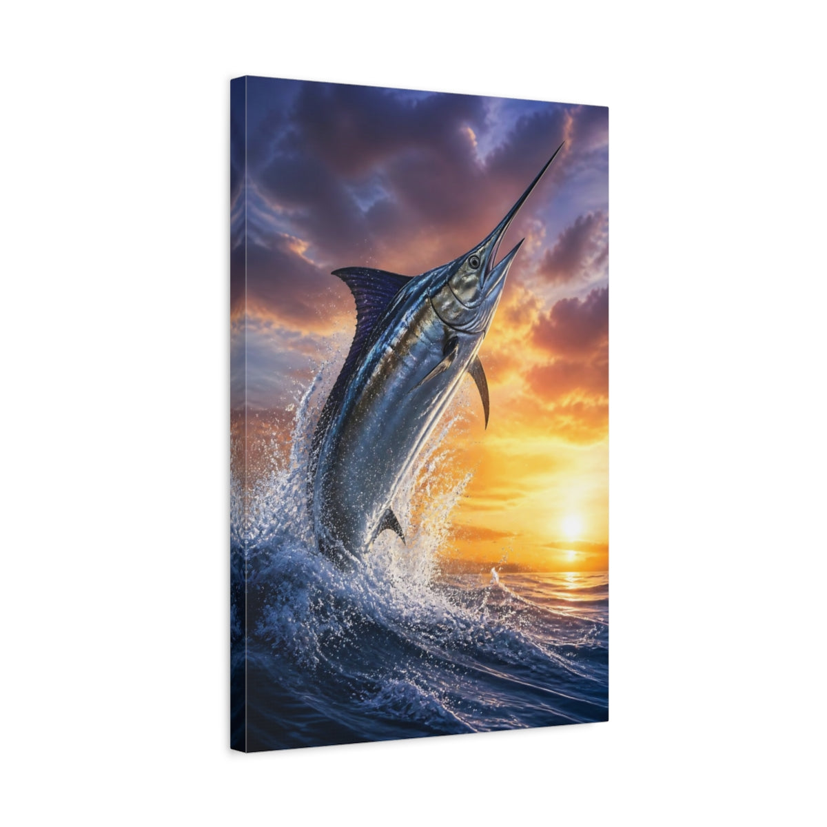 Side Mockup 3. Animals Leaping Swordfish Sunset shown as canvas print