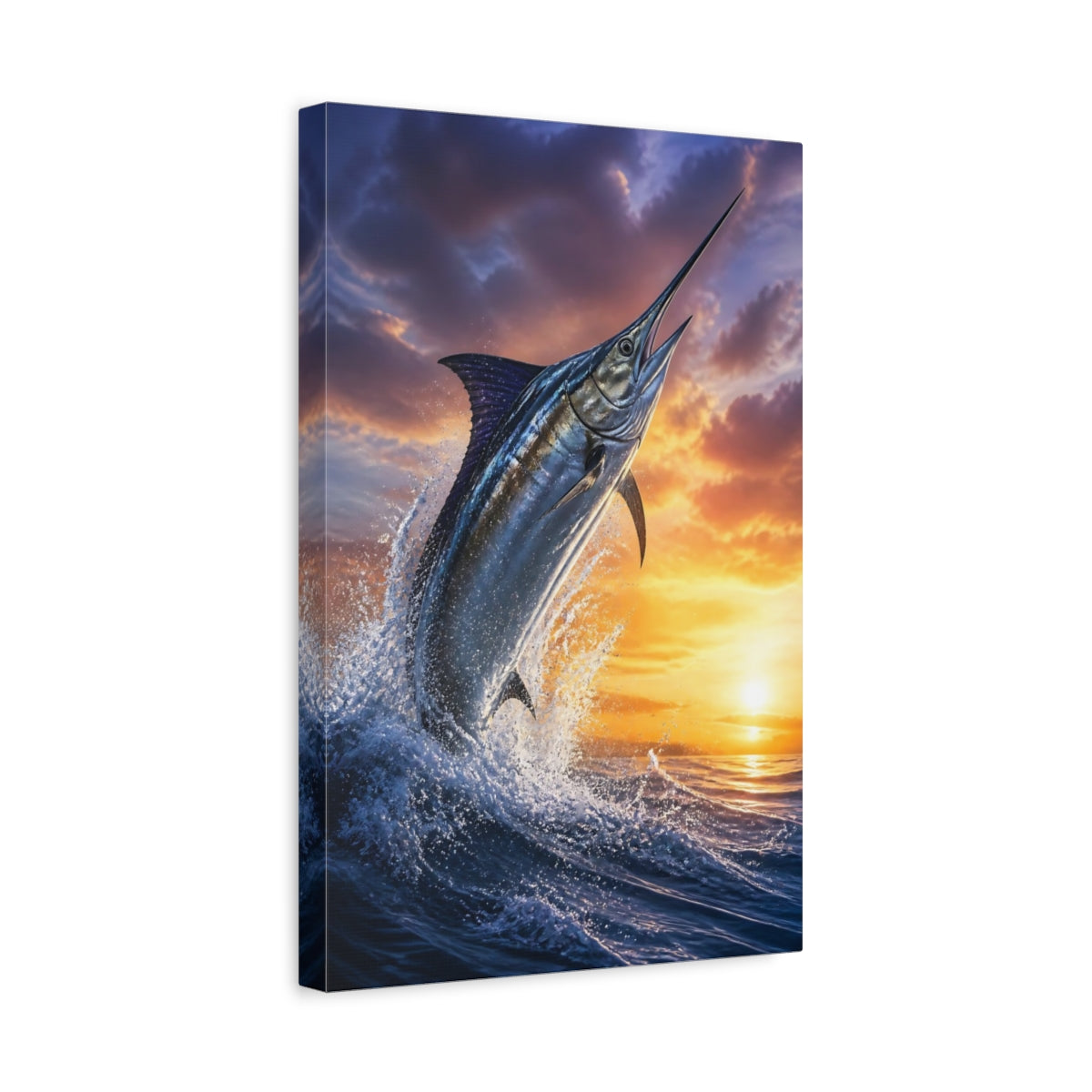 Side Mockup 4. Animals Leaping Swordfish Sunset shown as canvas print