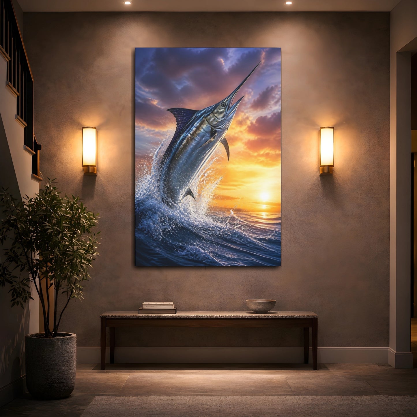 Mockup 2. Animals Leaping Swordfish Sunset shown as canvas print