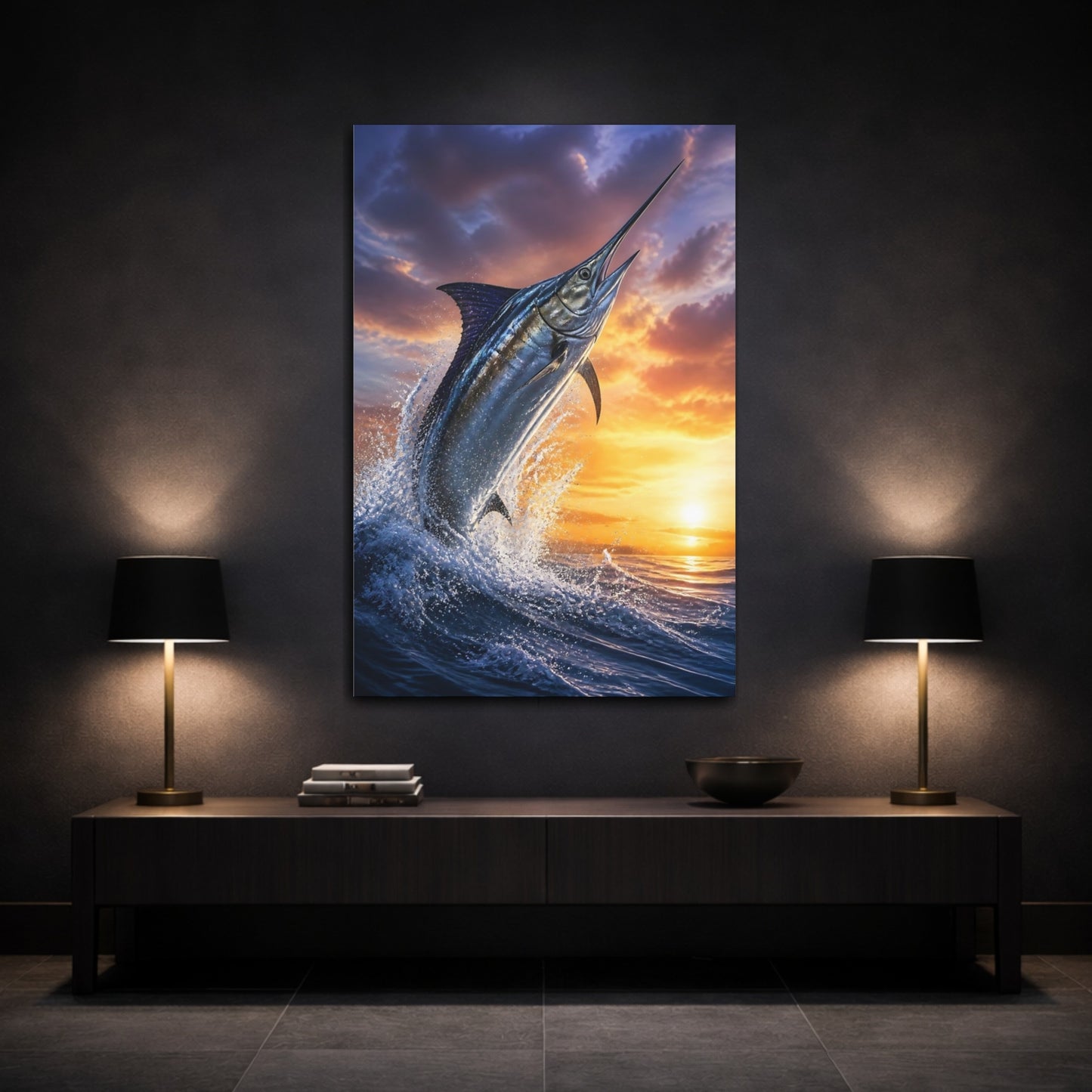 Mockup 3. Animals Leaping Swordfish Sunset shown as canvas print