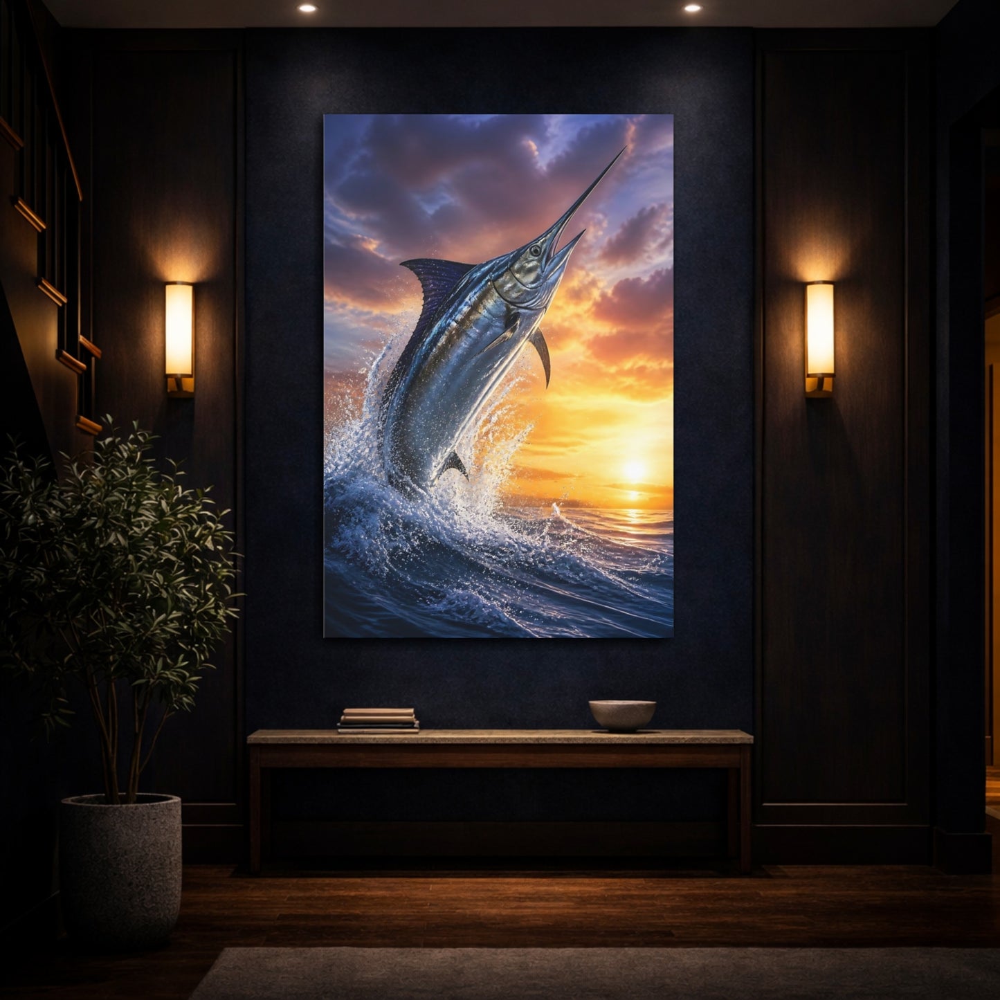 Mockup 4. Animals Leaping Swordfish Sunset shown as canvas print