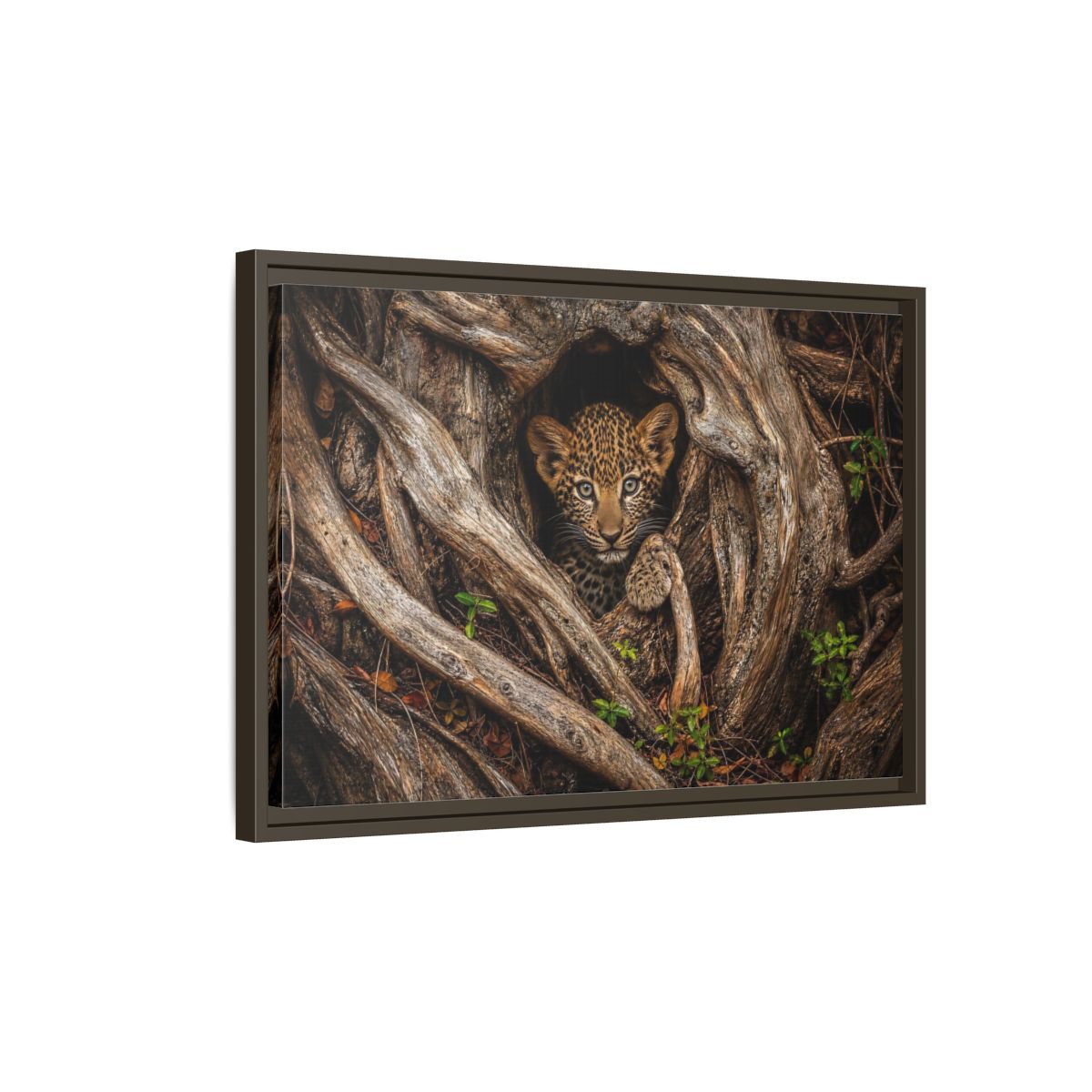 Side Mockup 2. Animals Leopard Cub Brown Leopard Cub shown as stretched canvas wall art