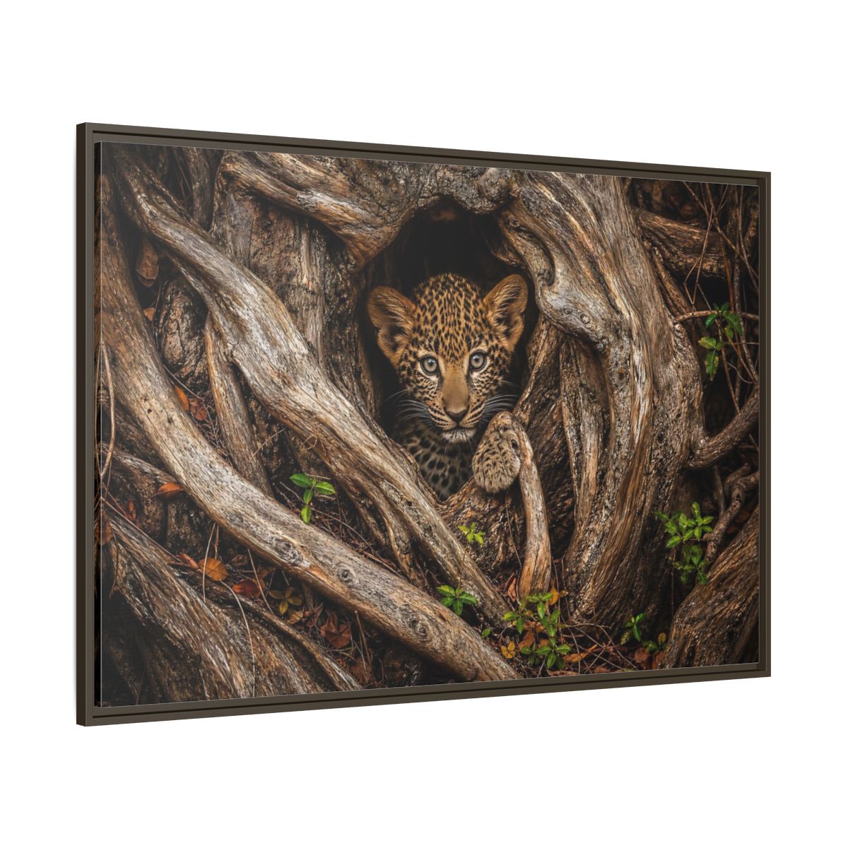 Side Mockup 8. Animals Leopard Cub Brown Leopard Cub shown as stretched canvas wall art