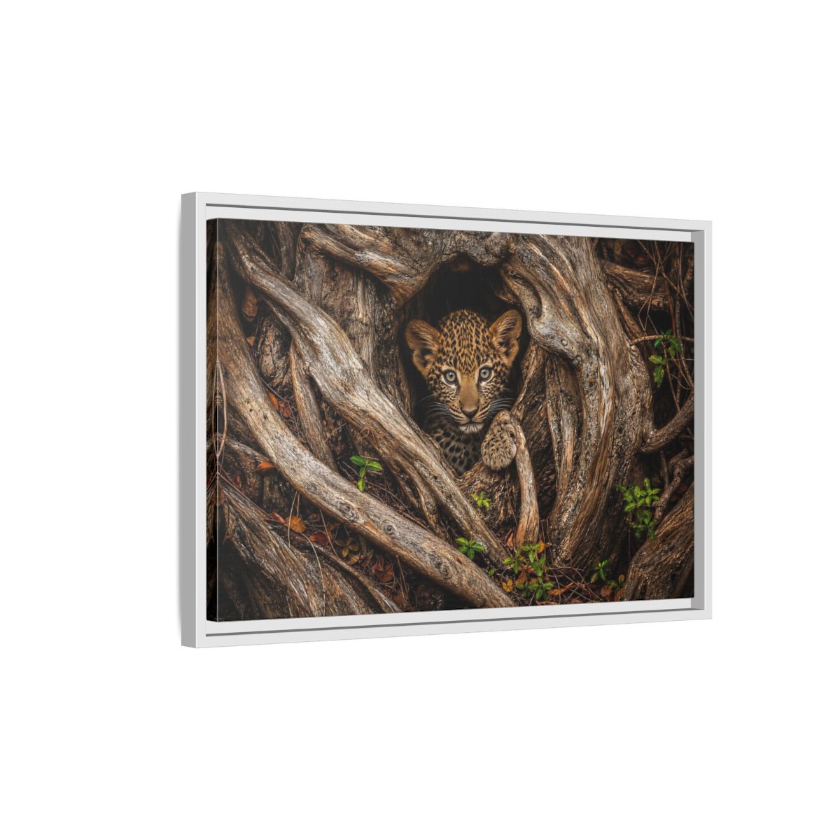 Side Mockup 1. Animals Leopard Cub Brown Leopard Cub shown as stretched canvas wall art