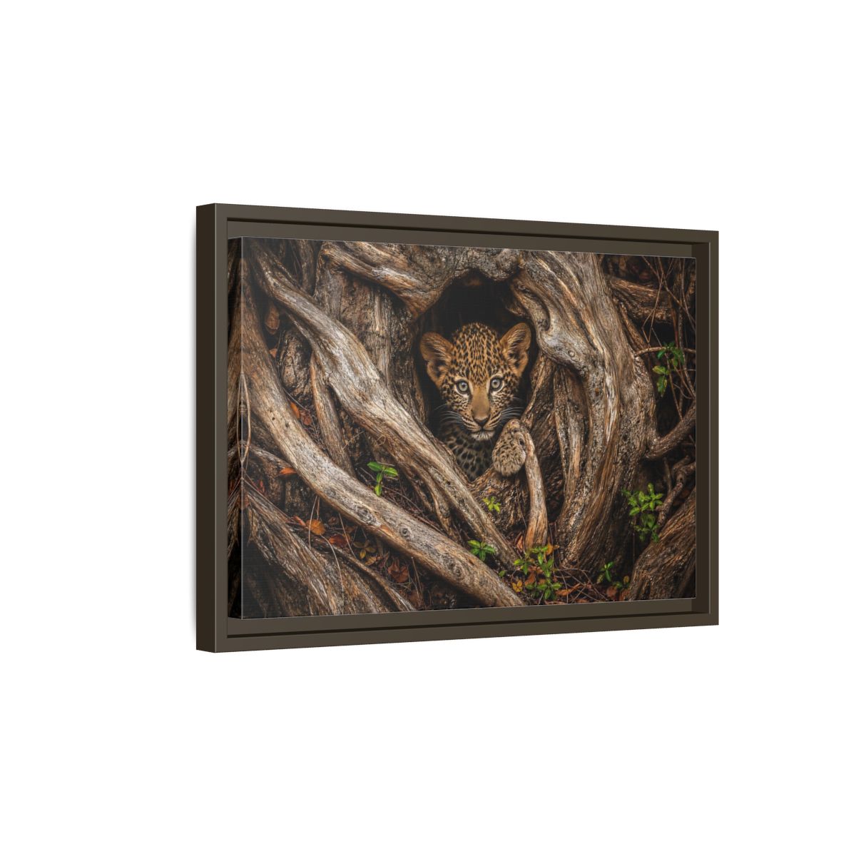 Side Mockup 5. Animals Leopard Cub Brown Leopard Cub shown as stretched canvas wall art