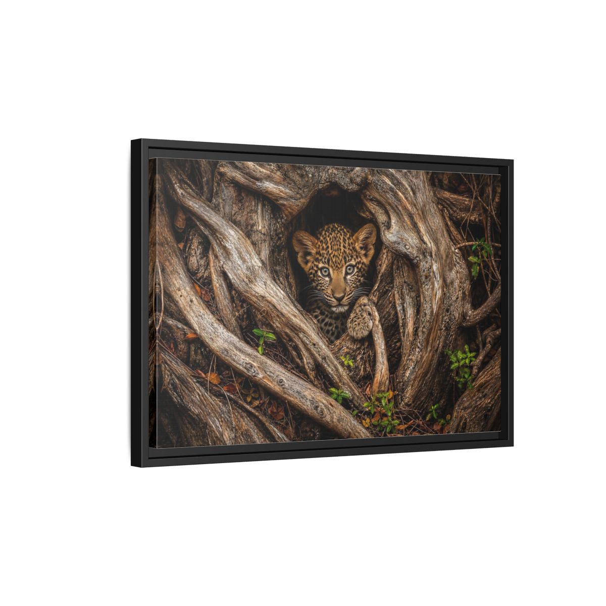Side Mockup 3. Animals Leopard Cub Brown Leopard Cub shown as stretched canvas wall art
