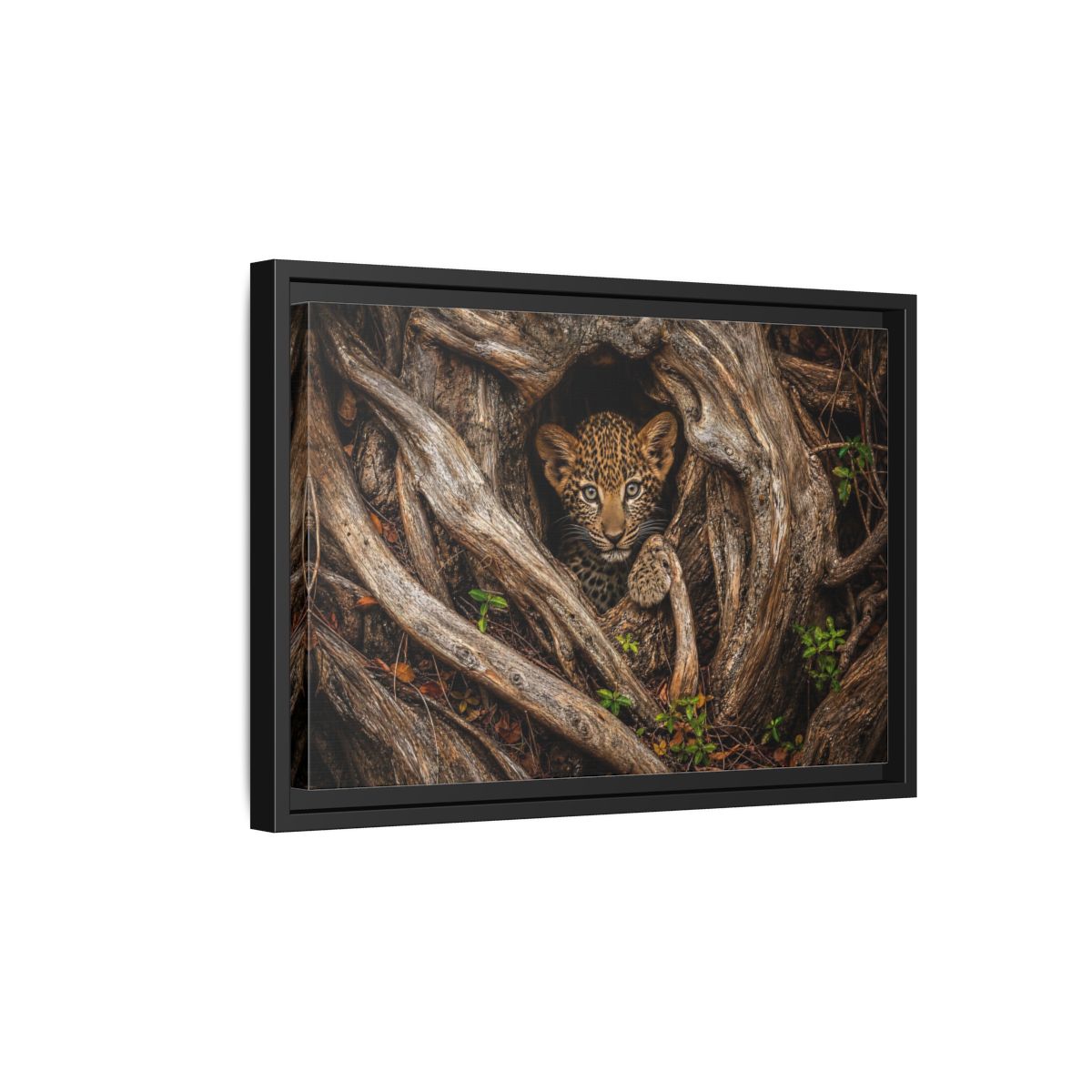 Side Mockup 6. Animals Leopard Cub Brown Leopard Cub shown as stretched canvas wall art