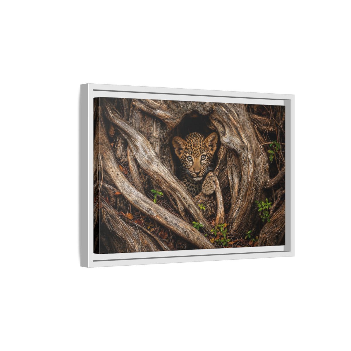 Side Mockup 4. Animals Leopard Cub Brown Leopard Cub shown as stretched canvas wall art
