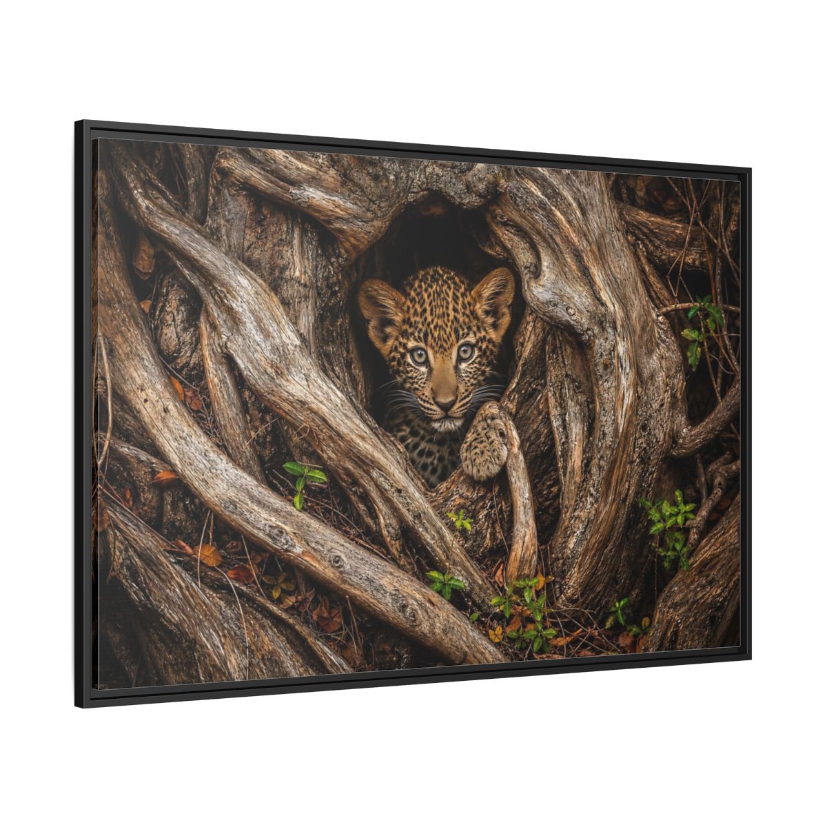 Side Mockup 12. Animals Leopard Cub Brown Leopard Cub shown as stretched canvas wall art