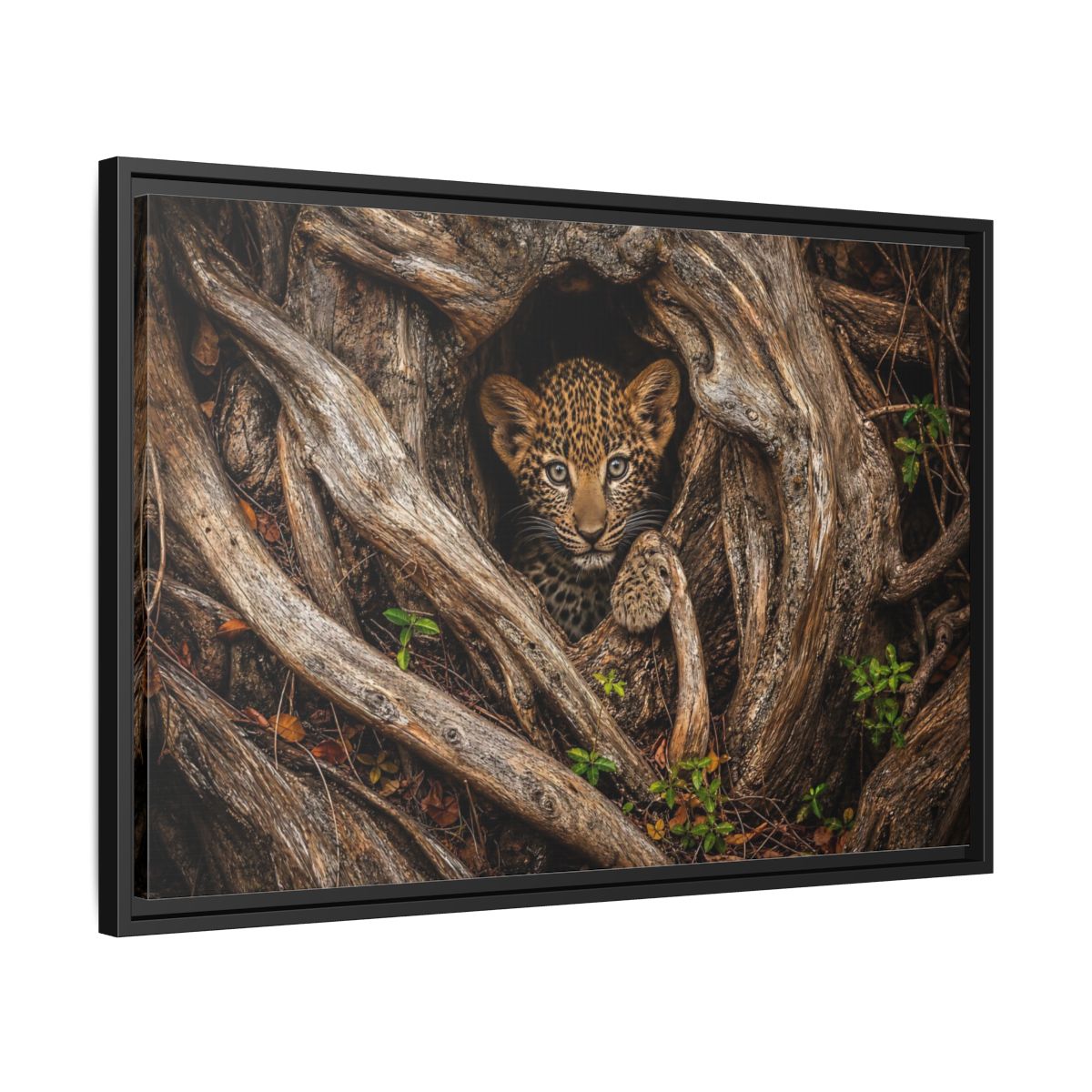 Side Mockup 14. Animals Leopard Cub Brown Leopard Cub shown as stretched canvas wall art