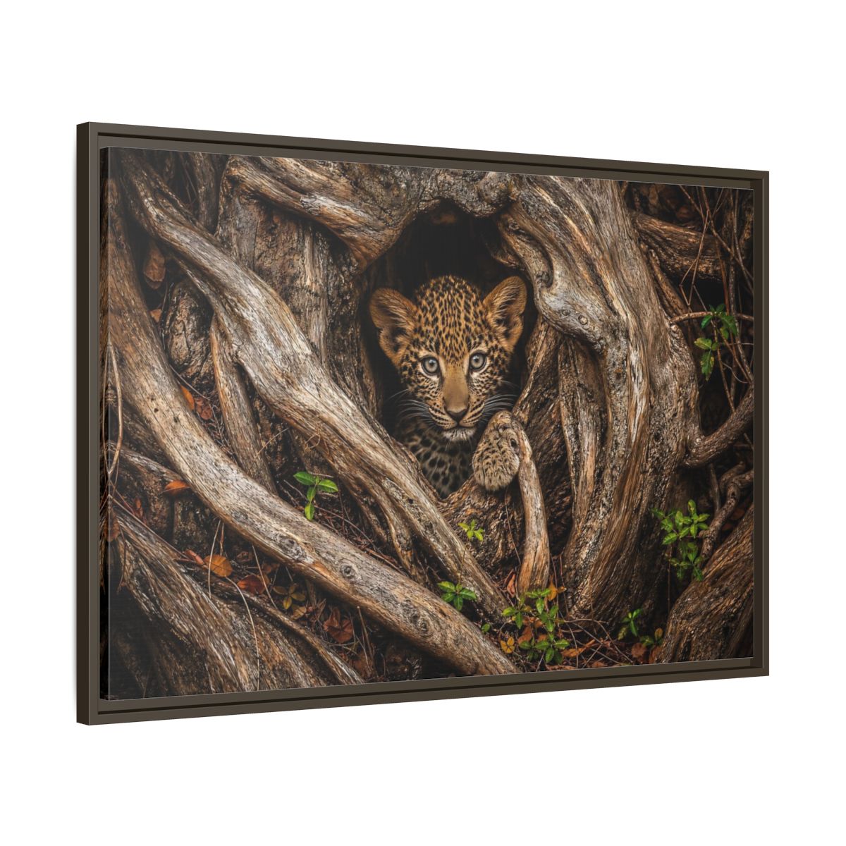 Main Mockup. Animals Leopard Cub Brown Leopard Cub shown as stretched canvas wall art