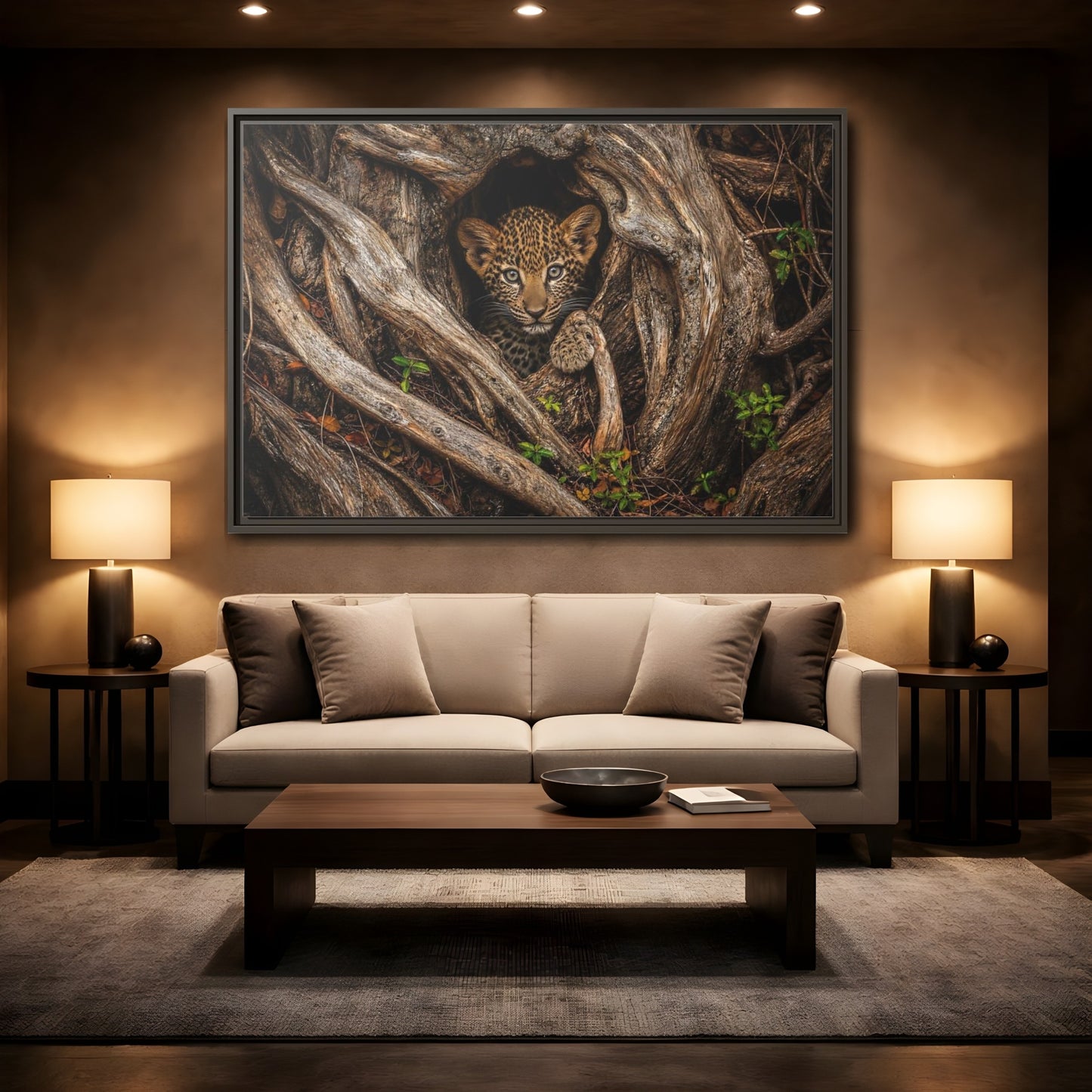 Mockup 2. Animals Leopard Cub Brown Leopard Cub shown as stretched canvas wall art
