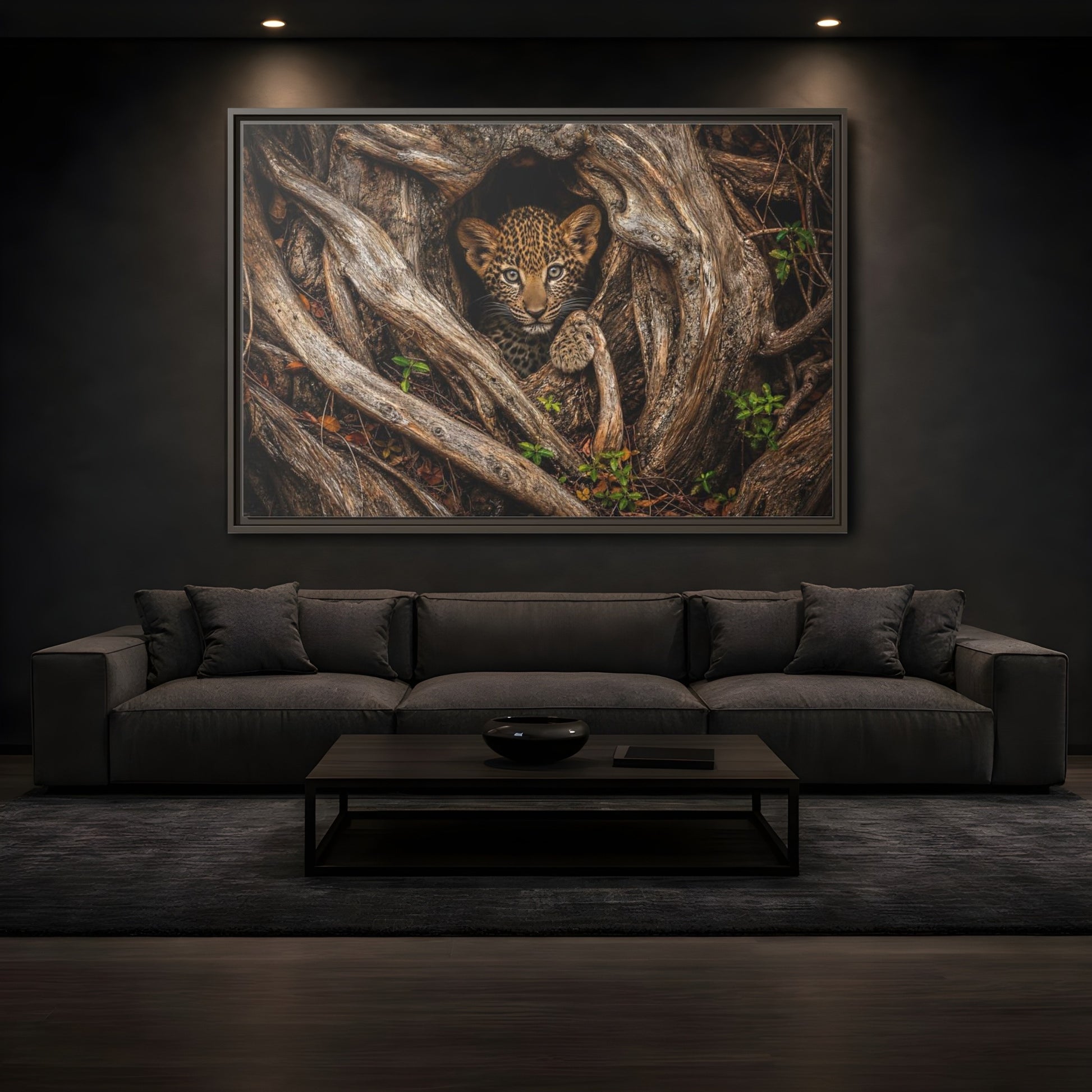 Mockup 3. Animals Leopard Cub Brown Leopard Cub shown as stretched canvas wall art