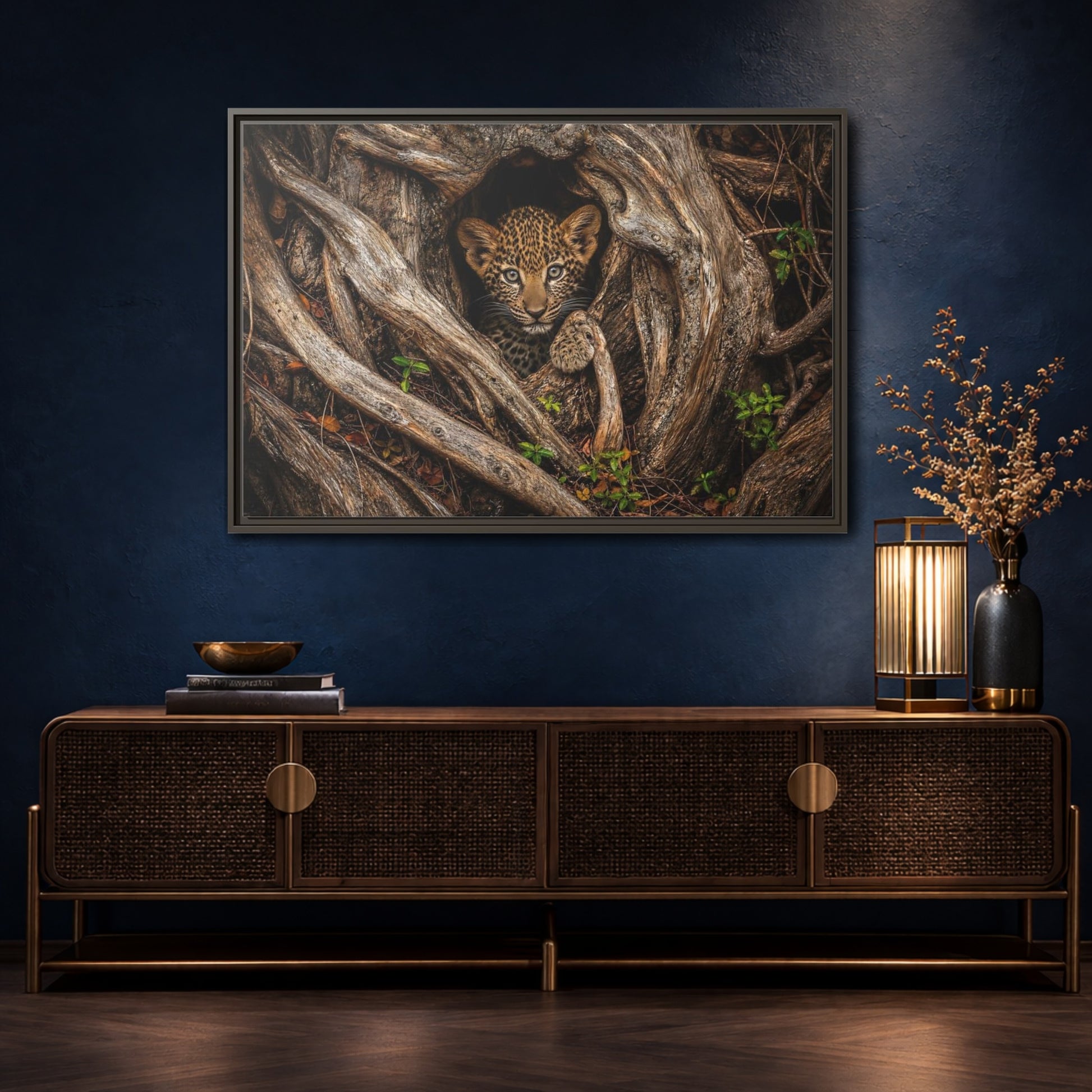 Mockup 4. Animals Leopard Cub Brown Leopard Cub shown as stretched canvas wall art