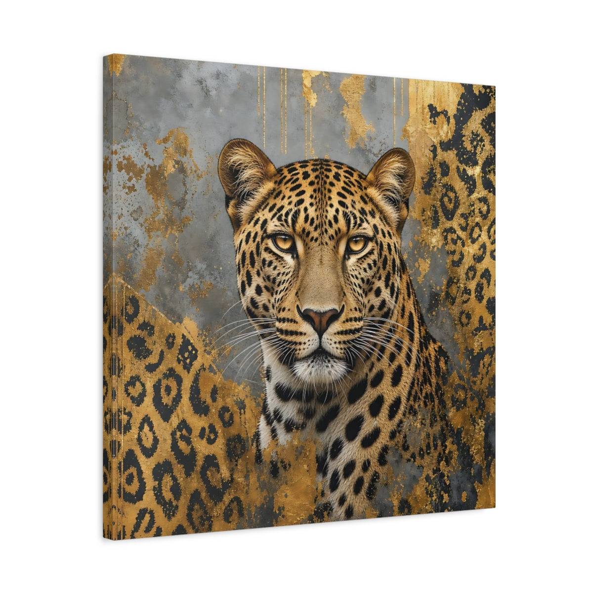 Side Mockup 4. Animals Leopard Gold Leopard shown as stretched canvas wall art