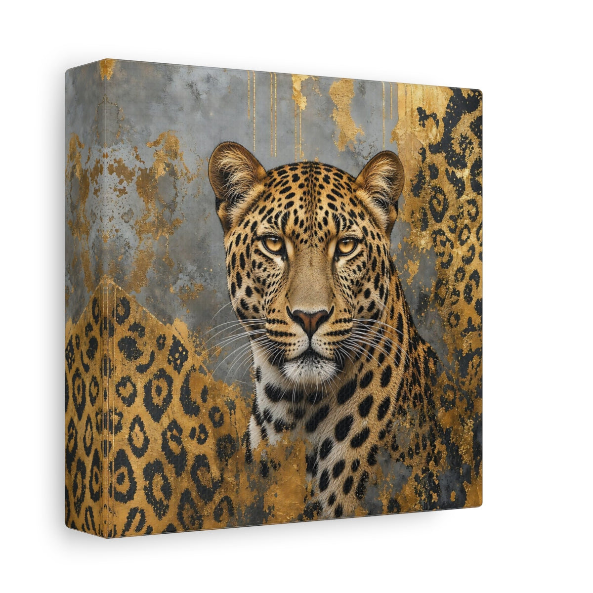 Side Mockup 2. Animals Leopard Gold Leopard shown as stretched canvas wall art