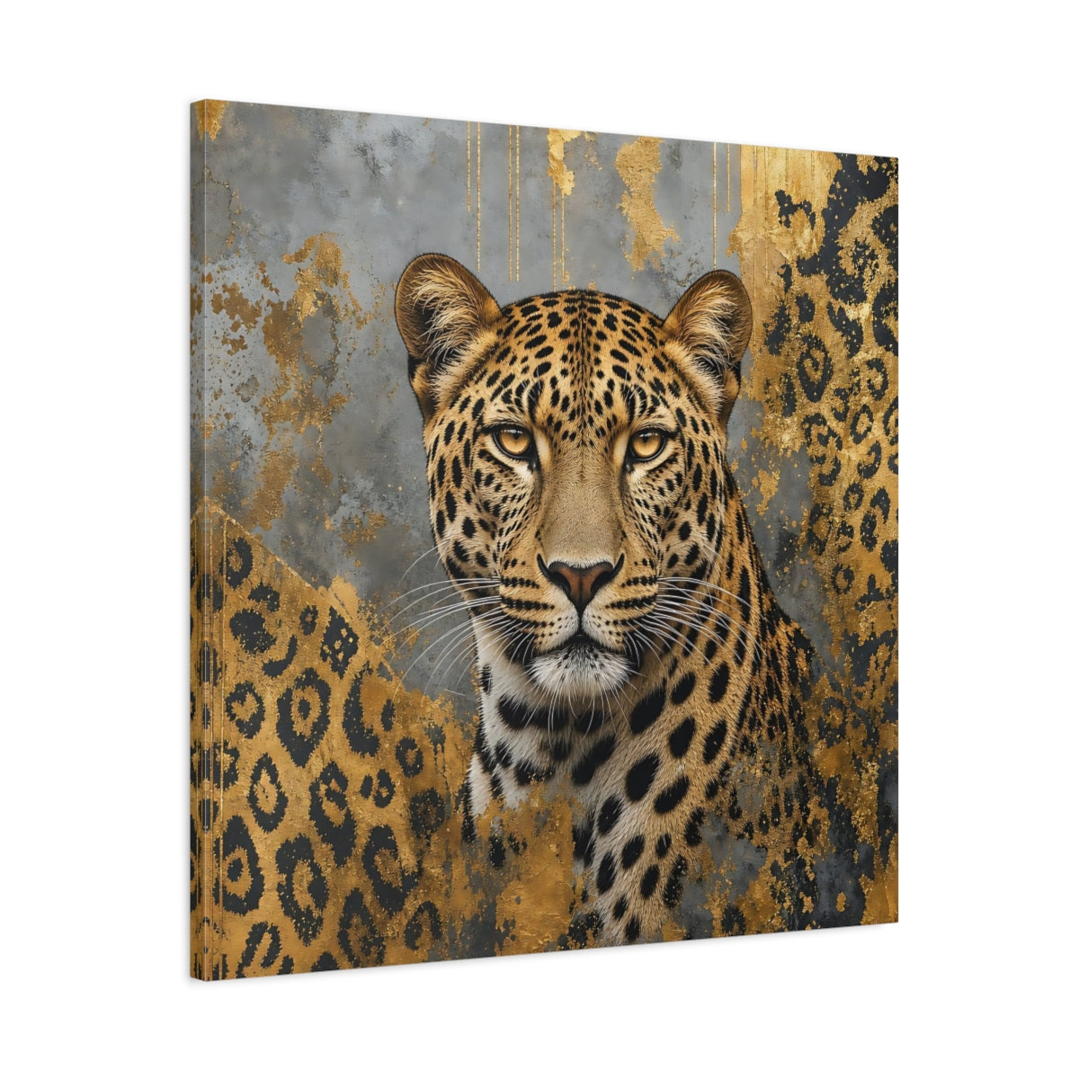Side Mockup 3. Animals Leopard Gold Leopard shown as stretched canvas wall art