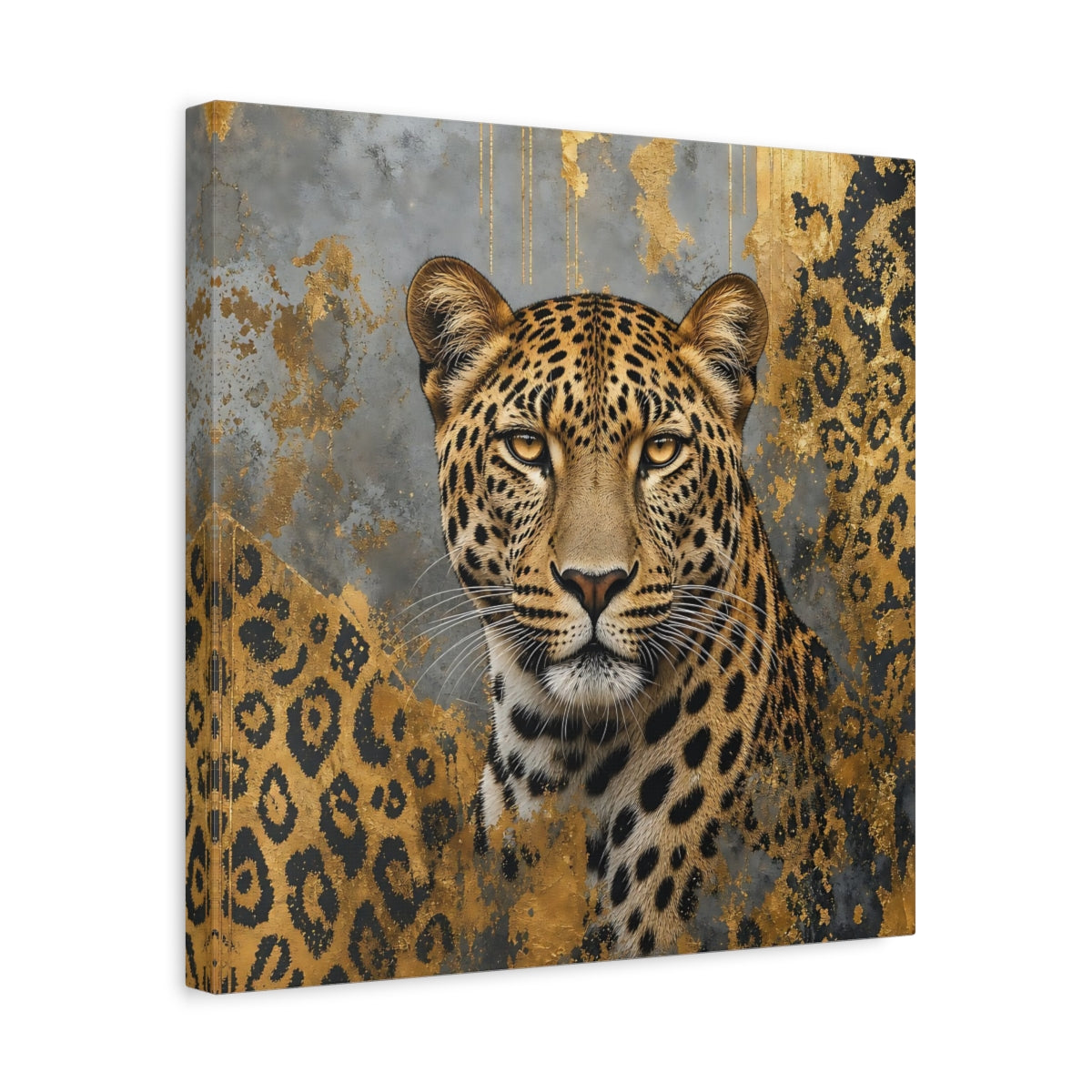 Side Mockup 6. Animals Leopard Gold Leopard shown as stretched canvas wall art