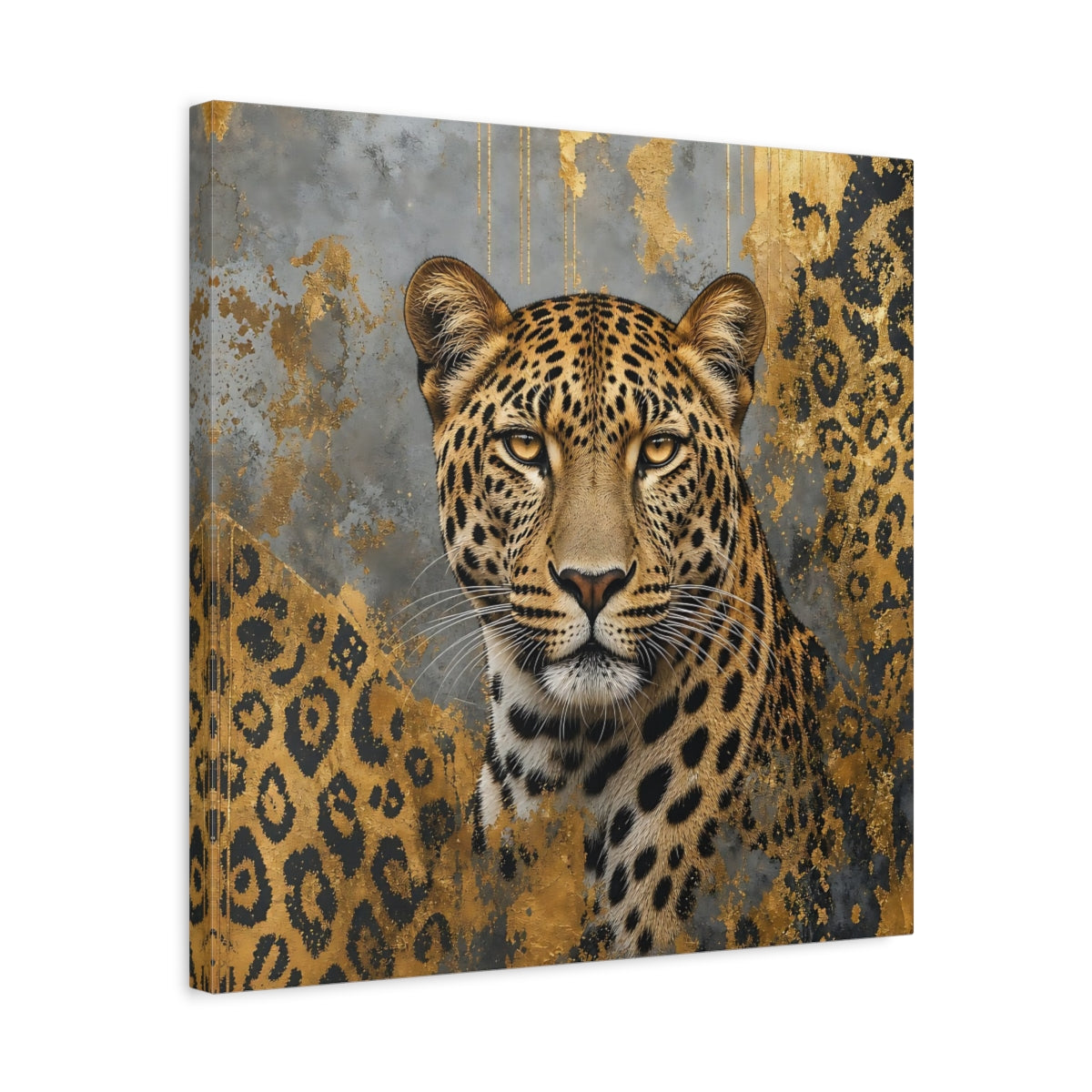 Side Mockup 5. Animals Leopard Gold Leopard shown as stretched canvas wall art