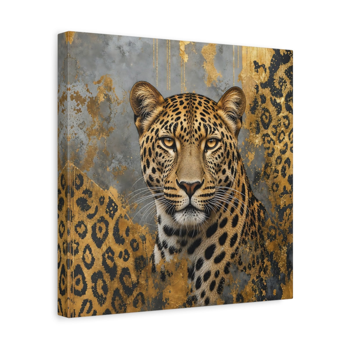 Side Mockup 7. Animals Leopard Gold Leopard shown as stretched canvas wall art