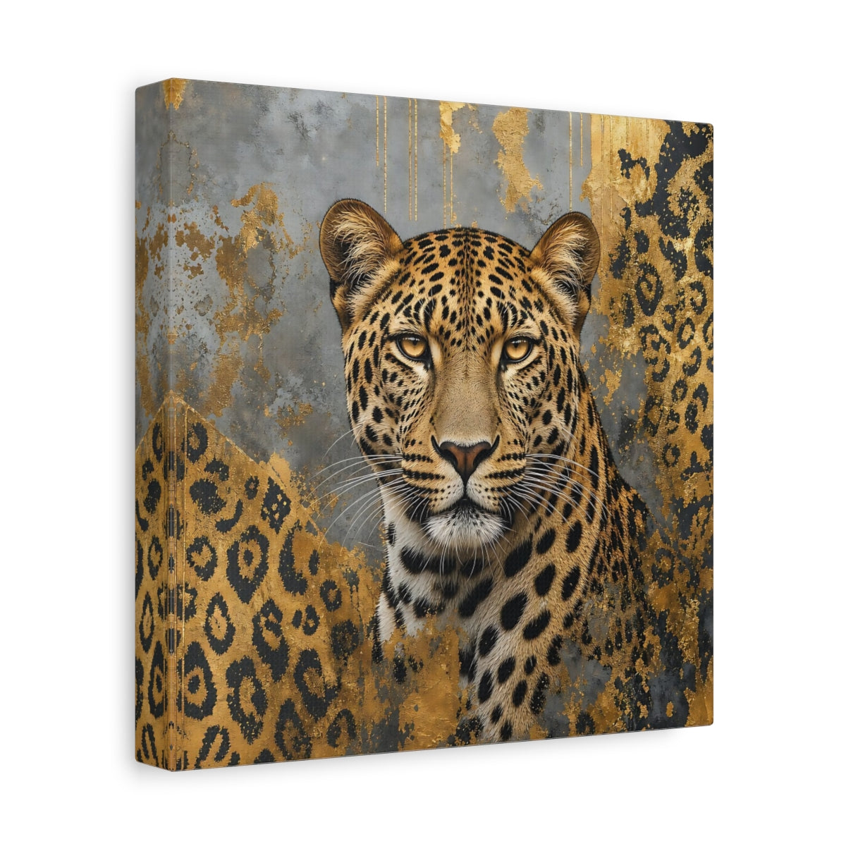 Side Mockup 9. Animals Leopard Gold Leopard shown as stretched canvas wall art