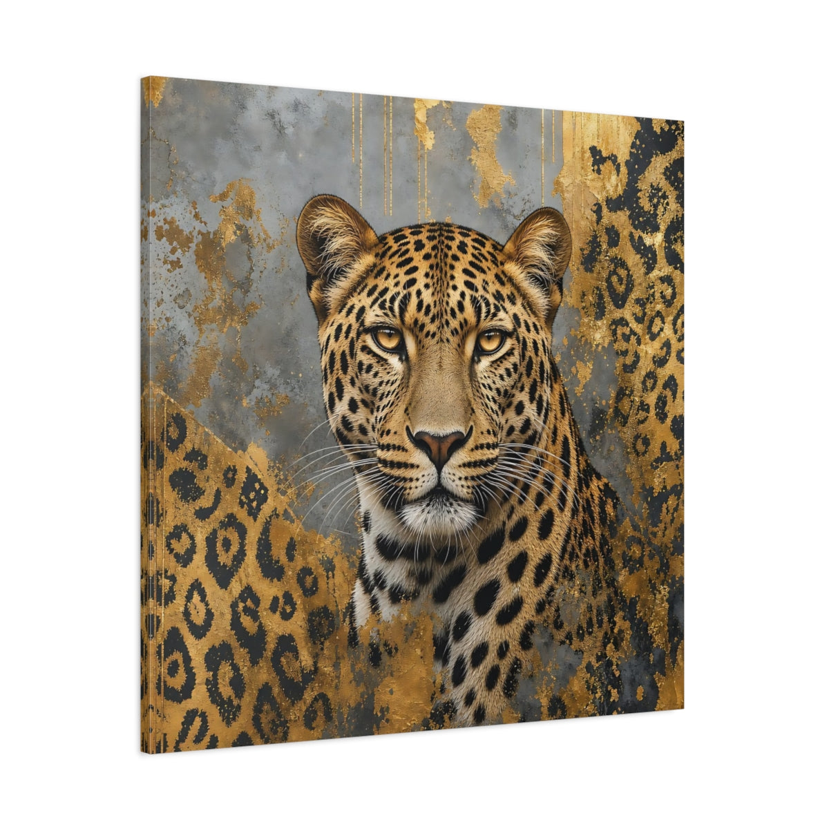 Side Mockup 1. Animals Leopard Gold Leopard shown as stretched canvas wall art