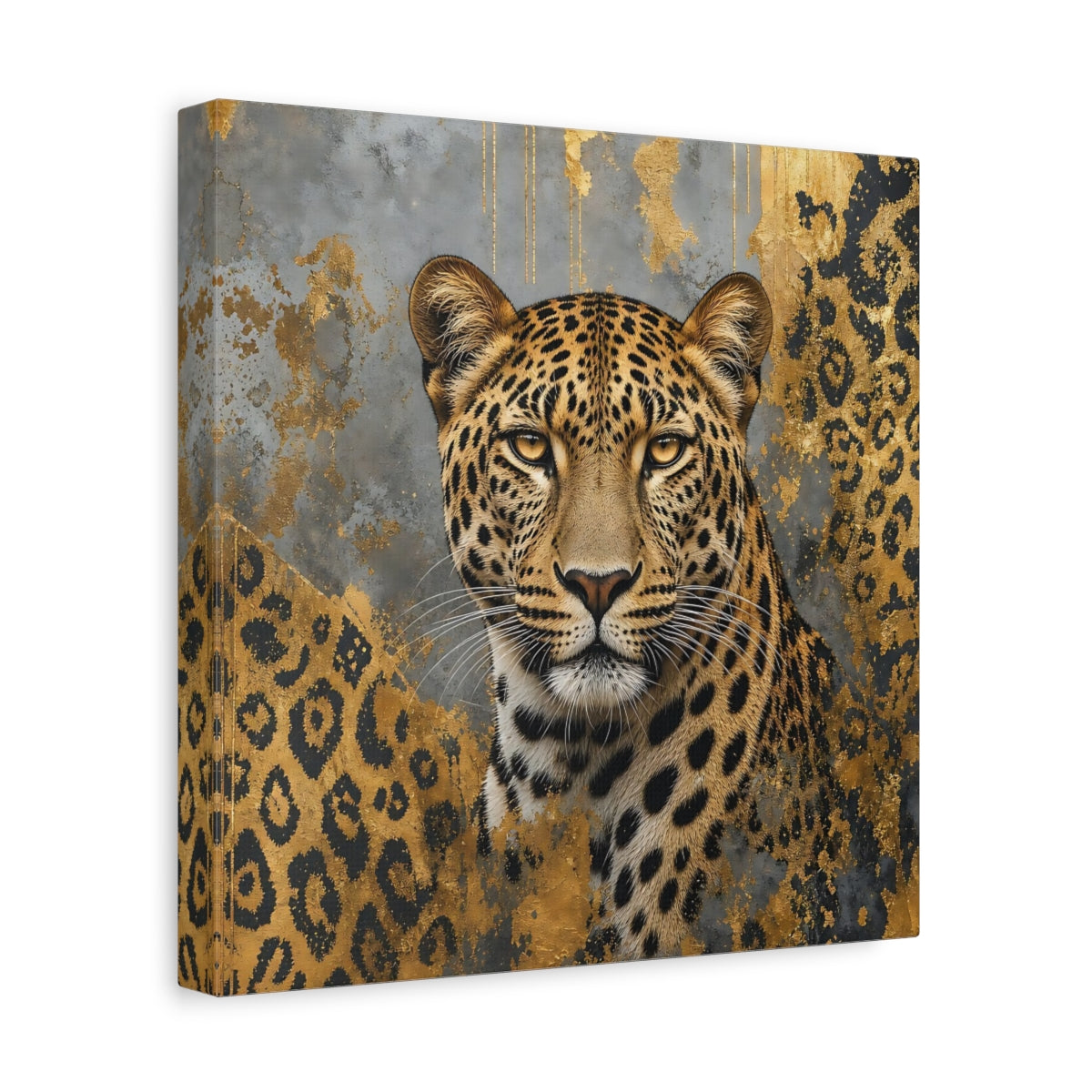 Side Mockup 8. Animals Leopard Gold Leopard shown as stretched canvas wall art