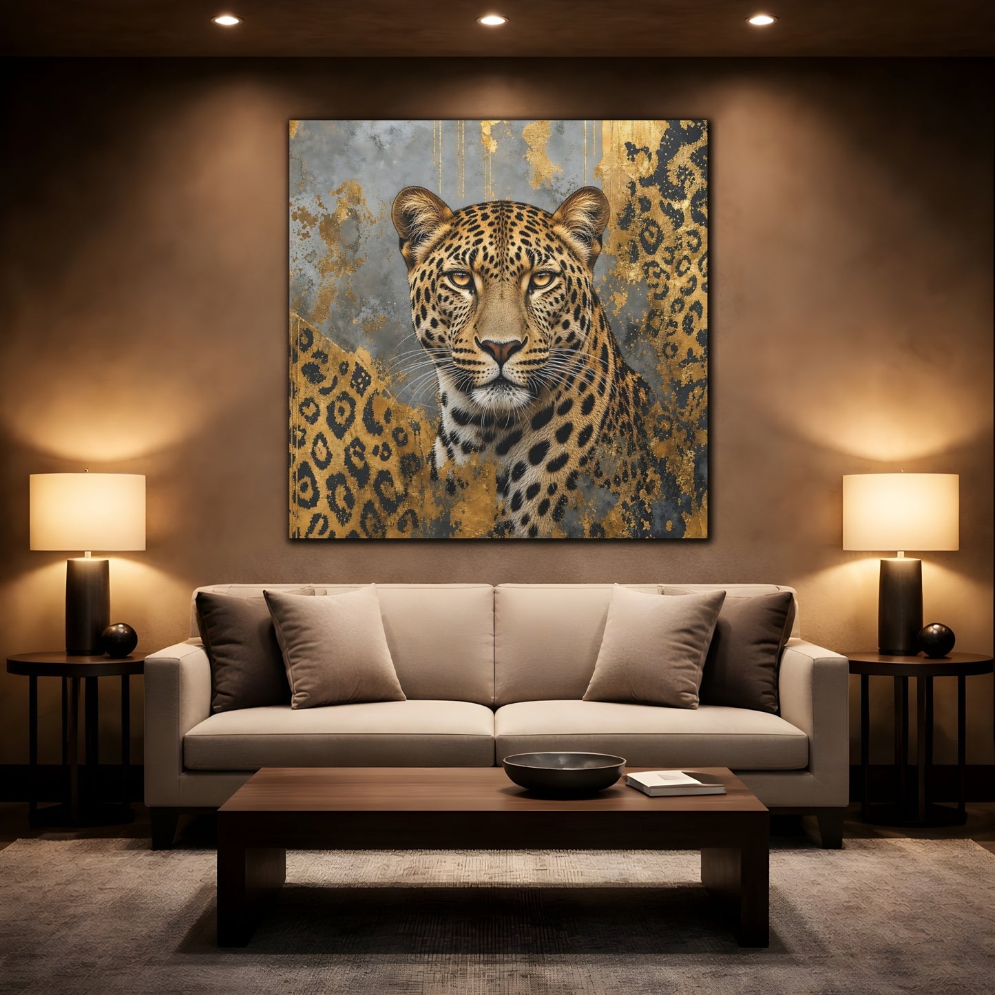 Mockup 2. Animals Leopard Gold Leopard shown as stretched canvas wall art