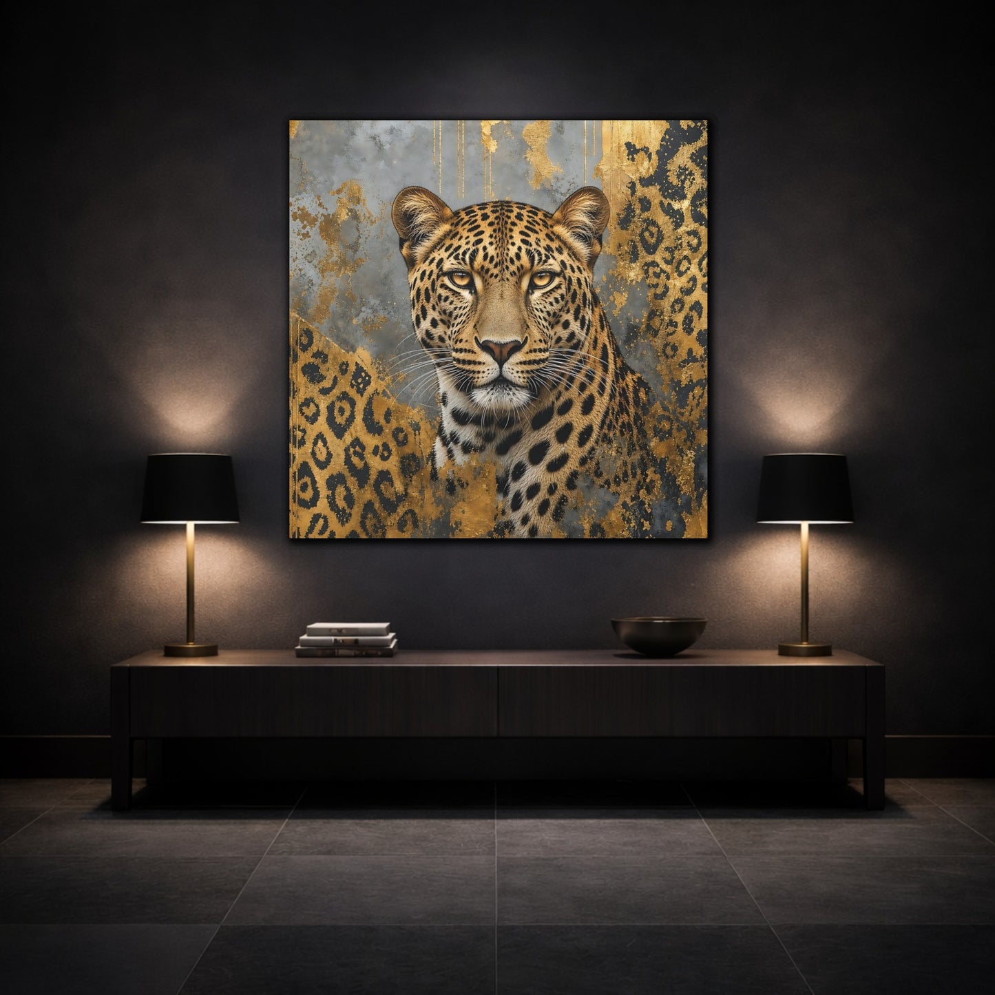 Mockup 3. Animals Leopard Gold Leopard shown as stretched canvas wall art