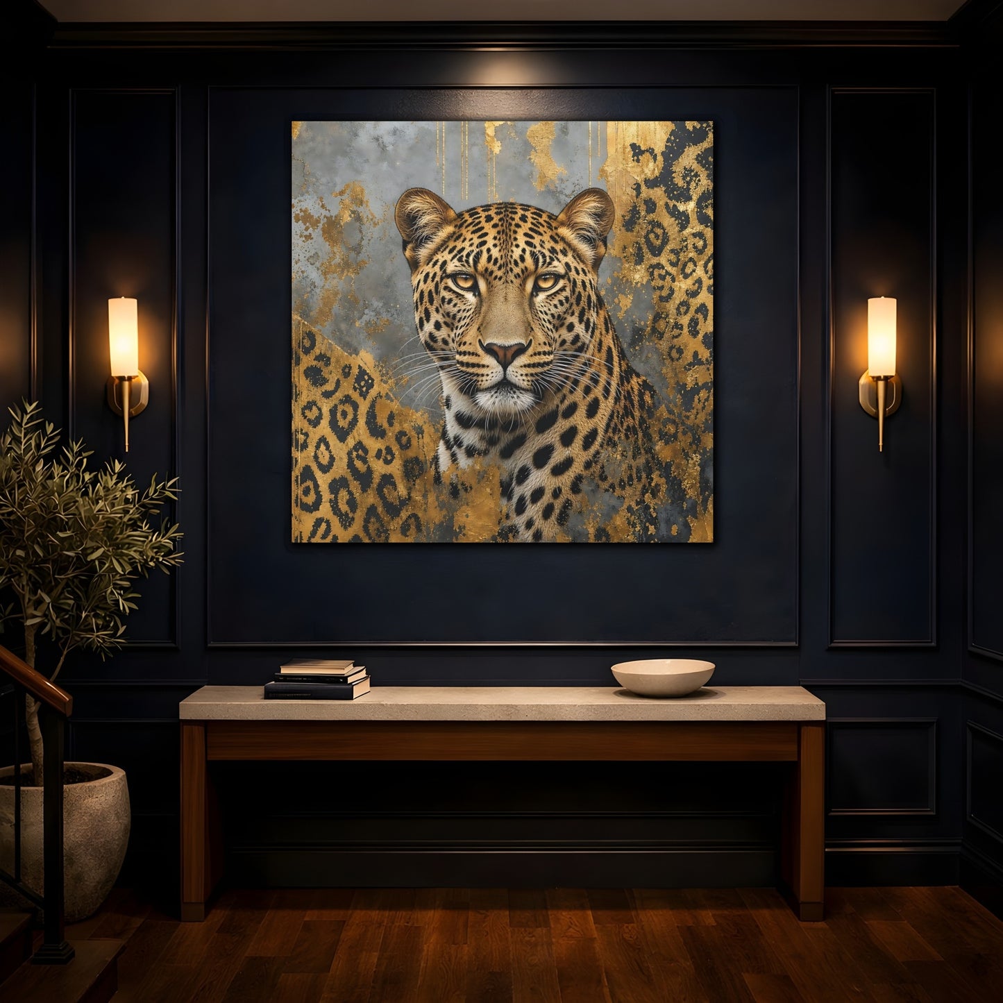 Mockup 4. Animals Leopard Gold Leopard shown as stretched canvas wall art