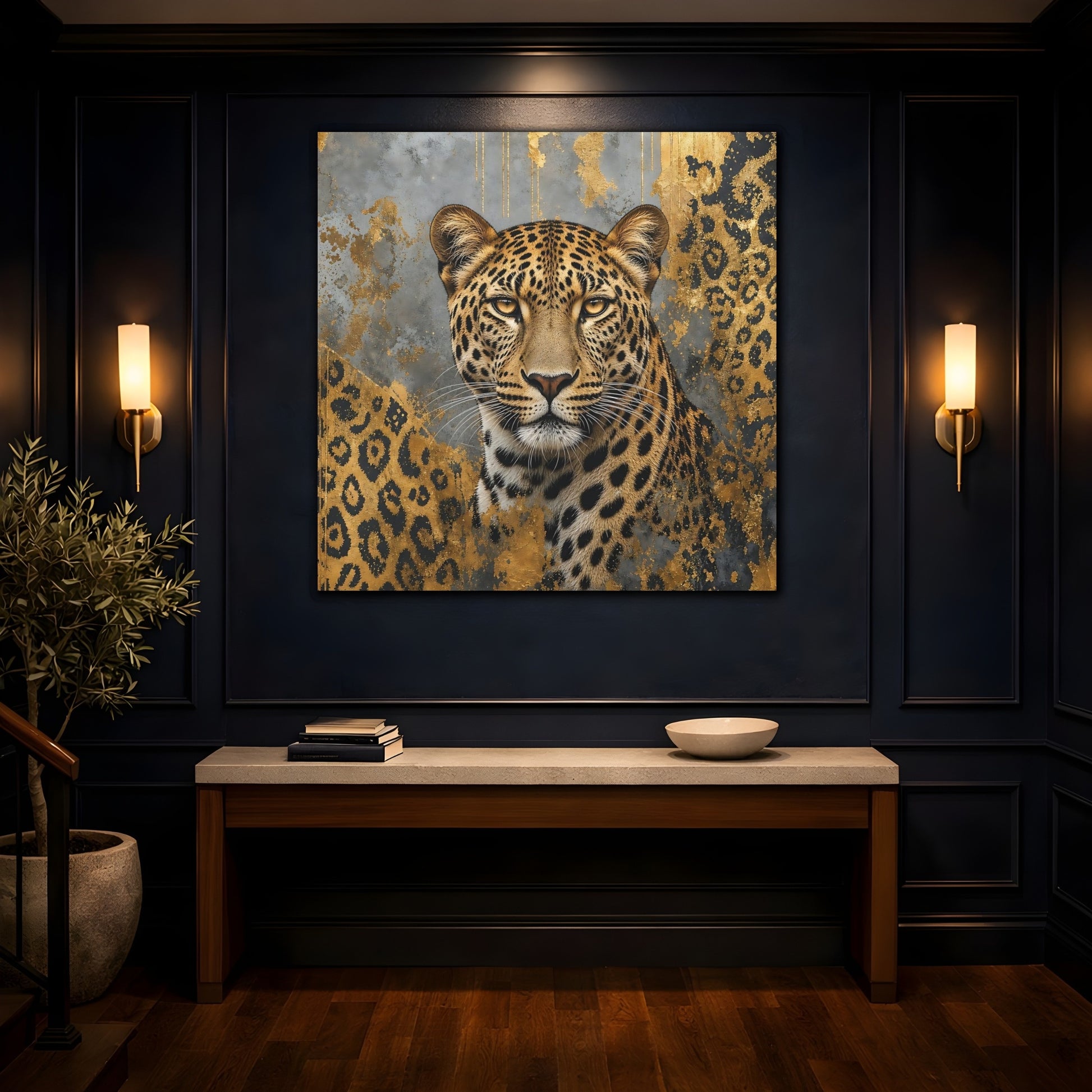 Mockup 4. Animals Leopard Gold Leopard shown as stretched canvas wall art