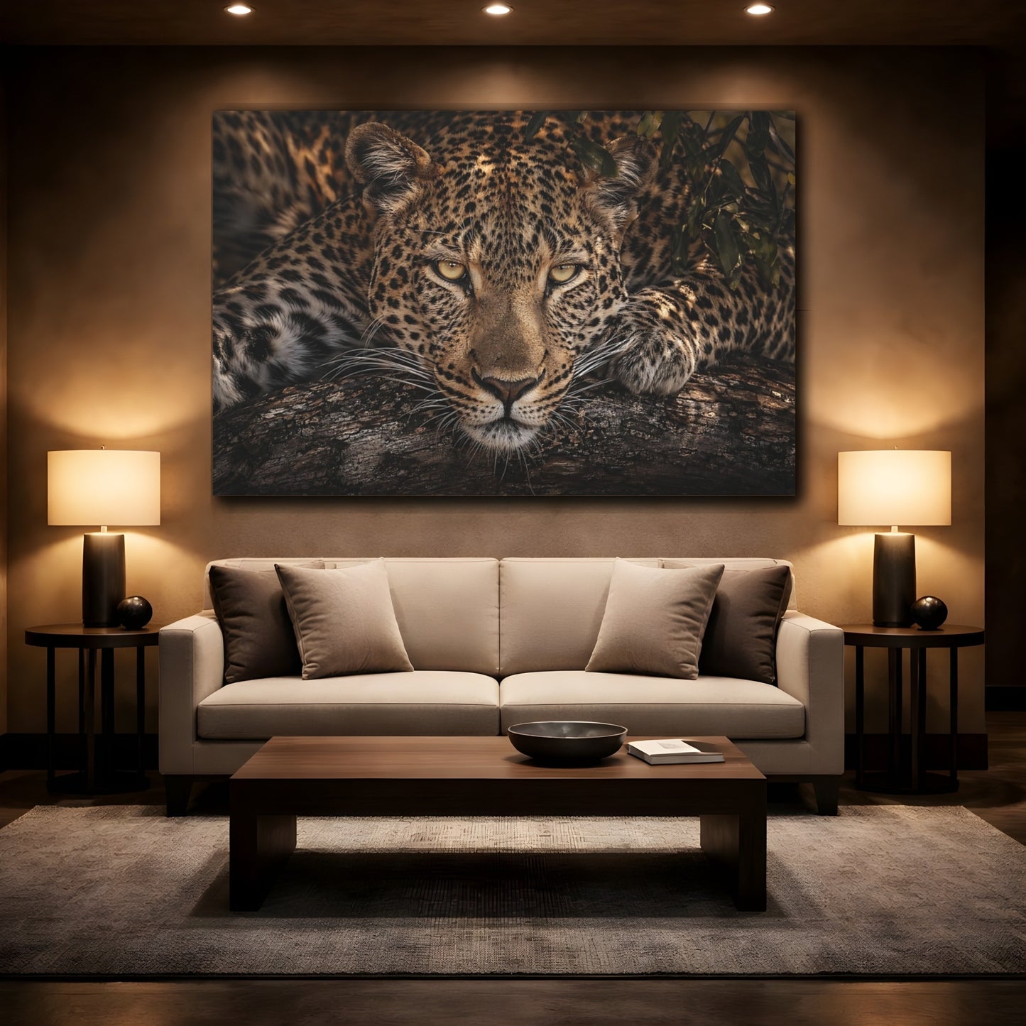 Mockup 2. Animals Leopard Leopard Portrait shown as stretched canvas wall art