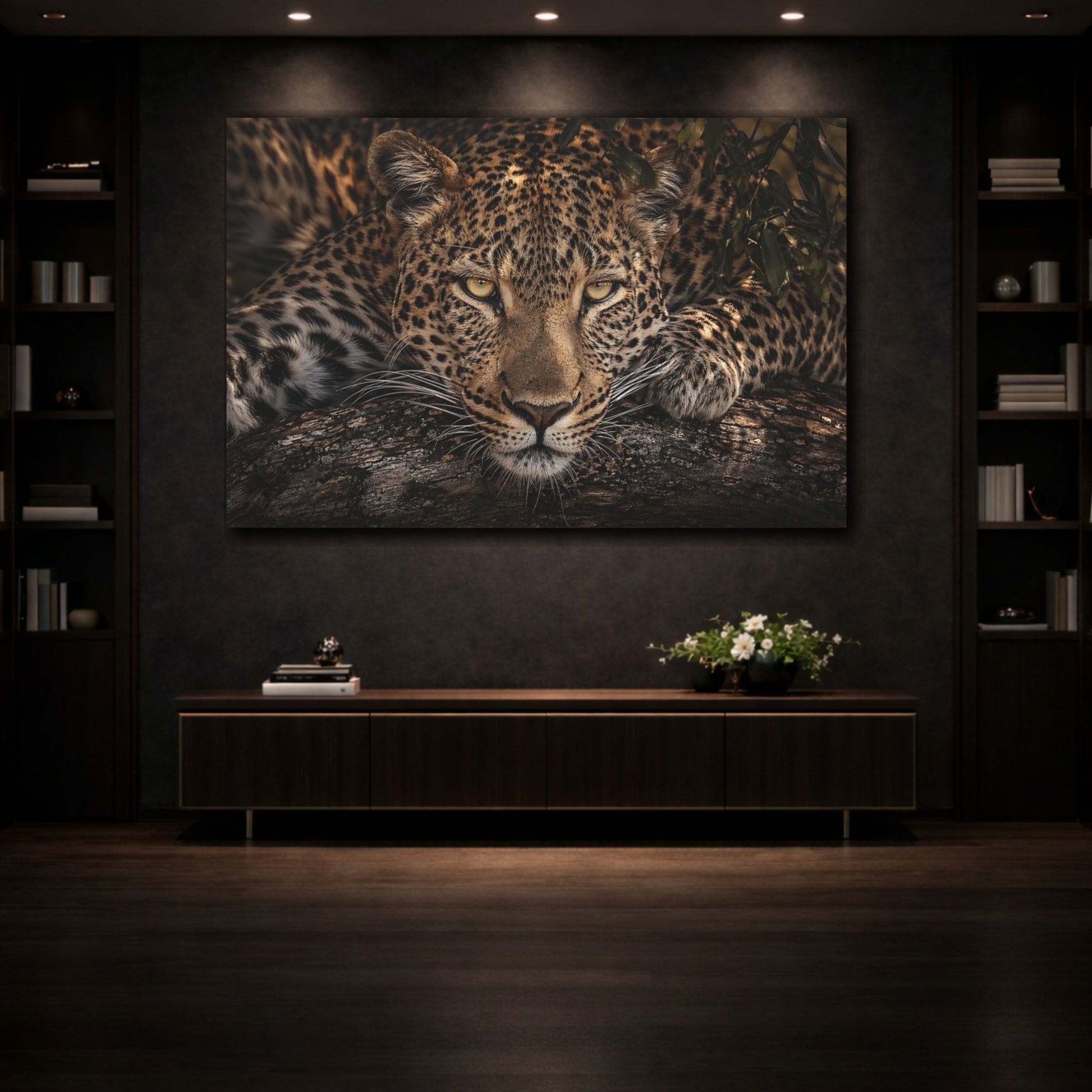Mockup 3. Animals Leopard Leopard Portrait shown as stretched canvas wall art