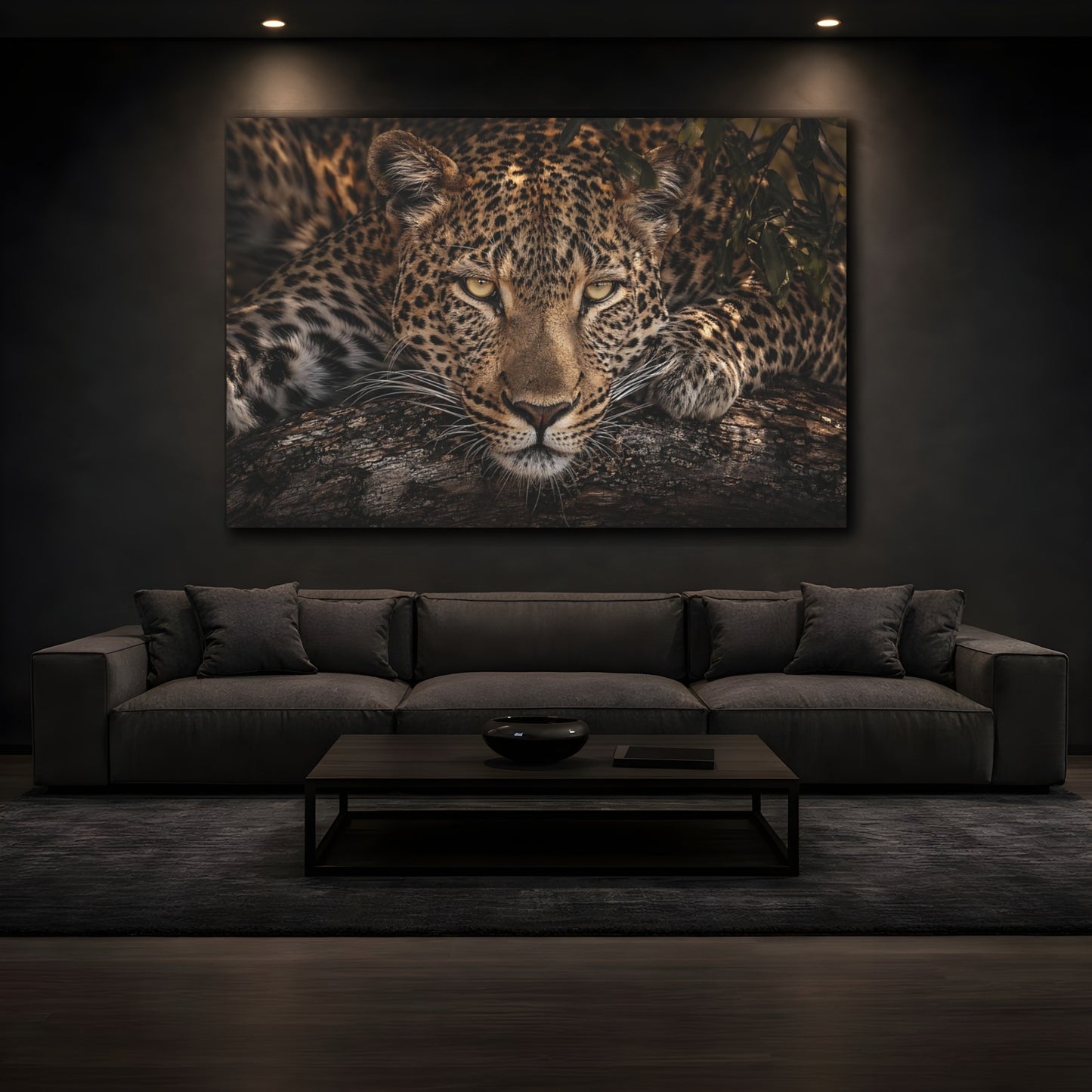 Mockup 4. Animals Leopard Leopard Portrait shown as stretched canvas wall art