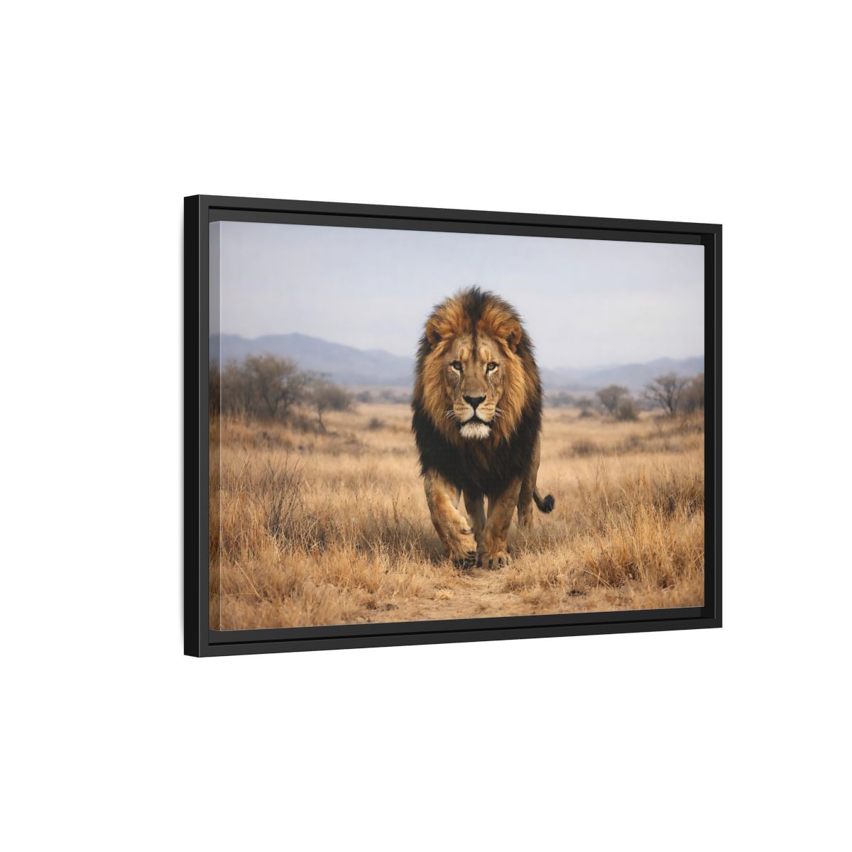 Side Mockup 3. Animals Lion Brown And Black shown as stretched canvas wall art