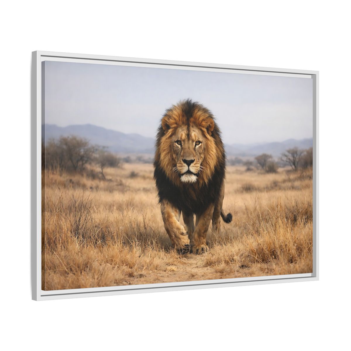 Side Mockup 8. Animals Lion Brown And Black shown as stretched canvas wall art